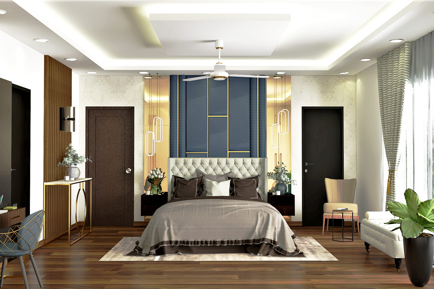 Spacious Brown and Grey Master Bedroom Design With Accent Wall | Livspace