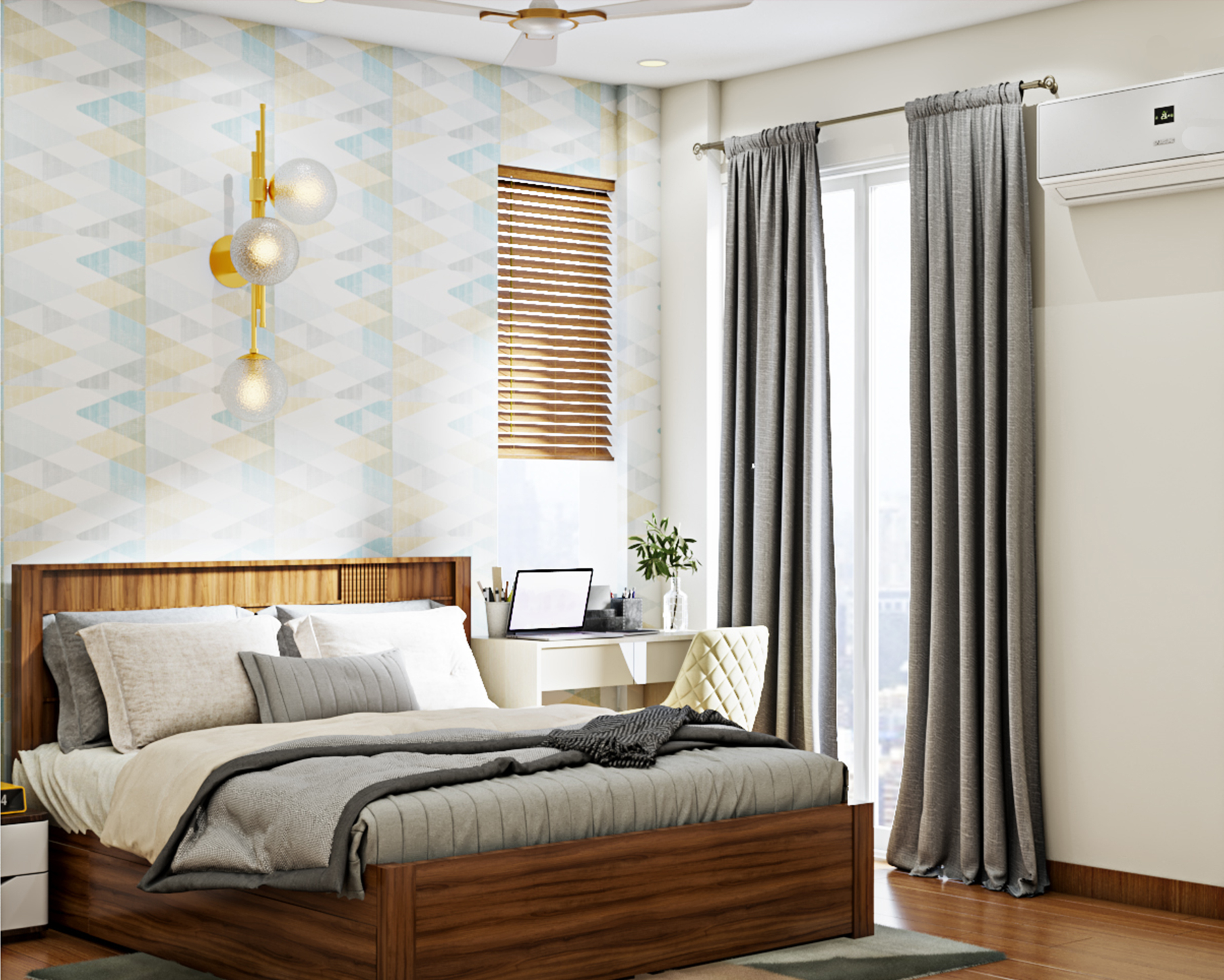 Compact Master Bedroom Design With Geometric Wallpaper | Livspace