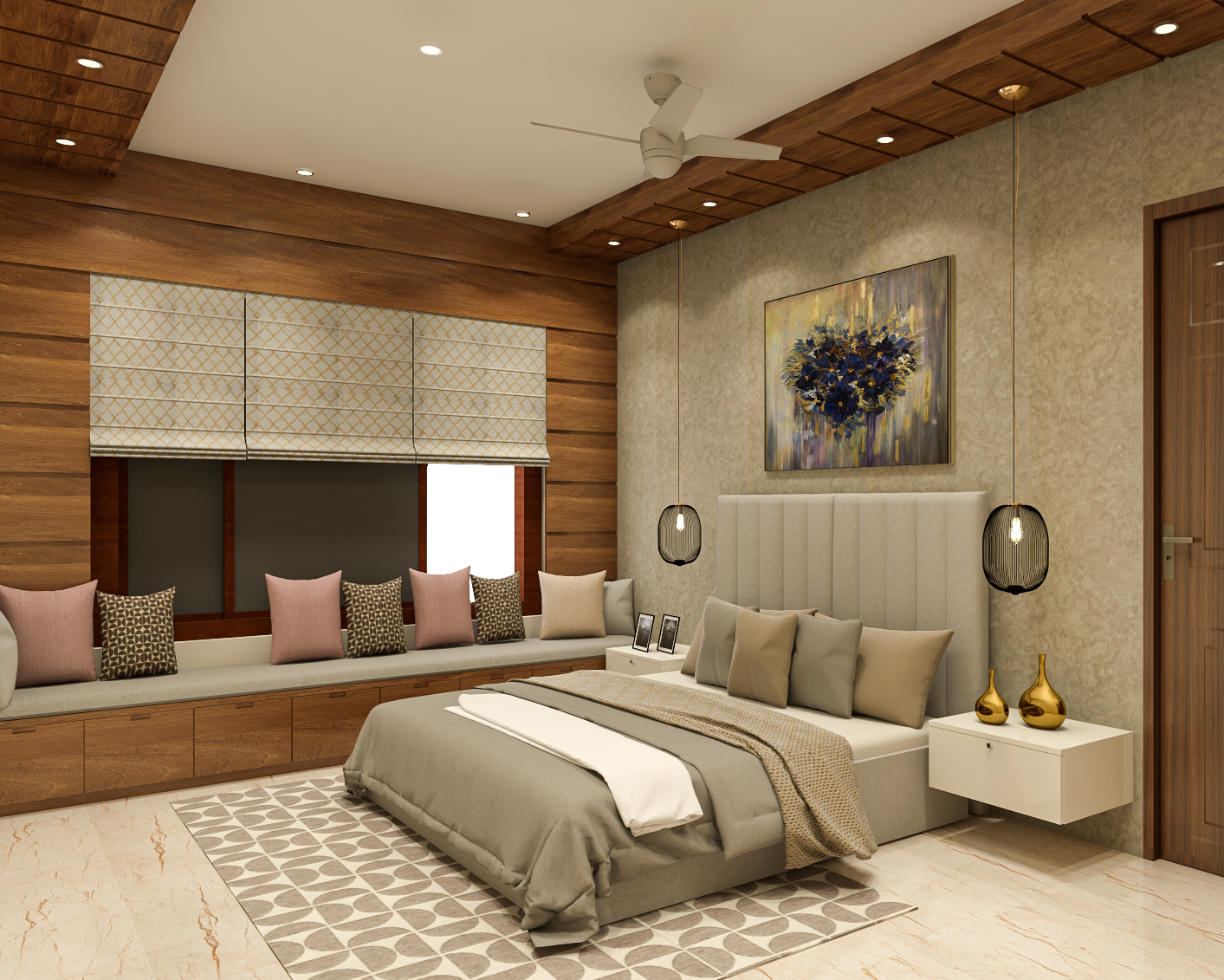Spacious Beige And Brown Master Bedroom Design With Wooden False ...