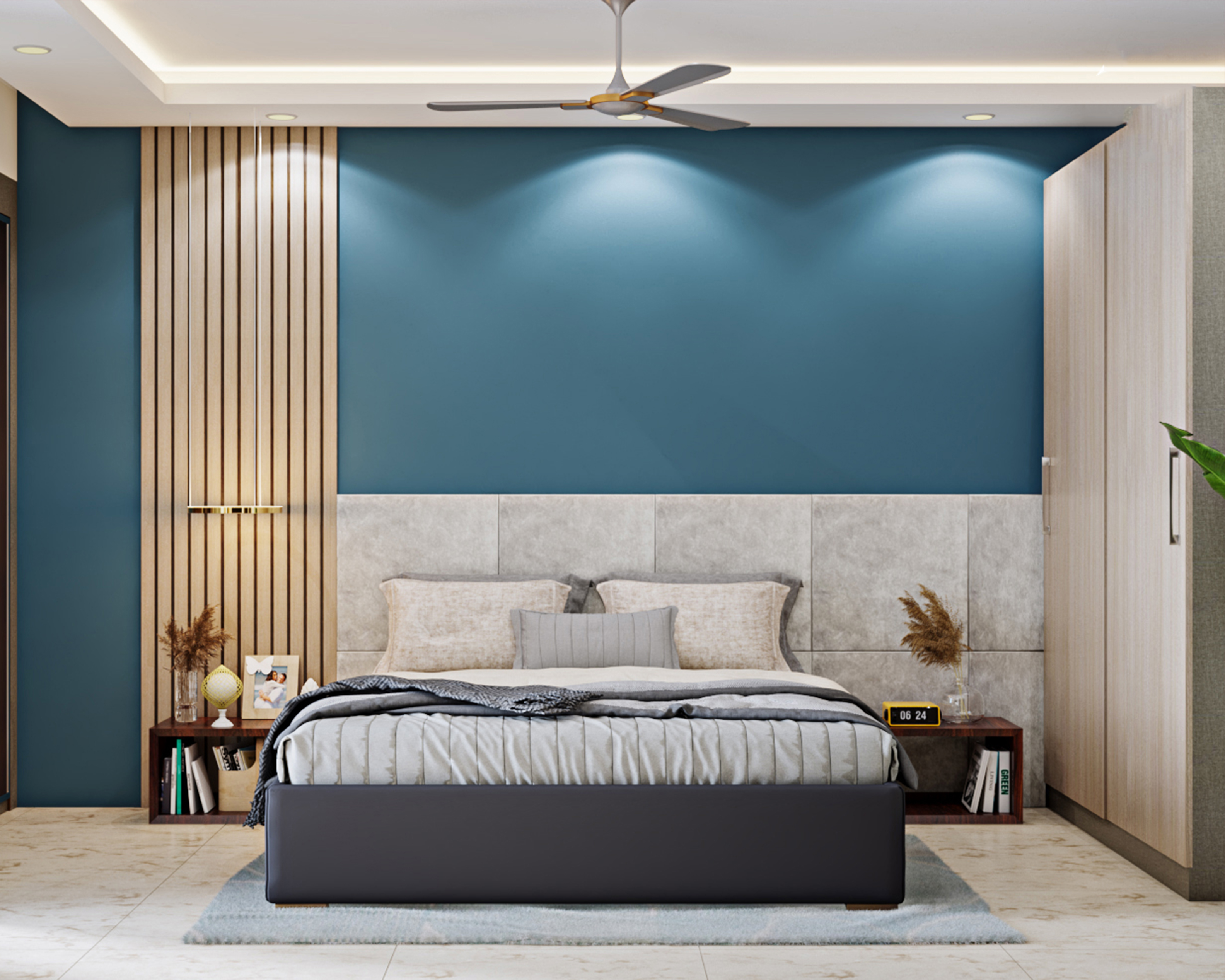 Spacious Dark Blue Master Bedroom Design With Beige Tufted Headboard ...