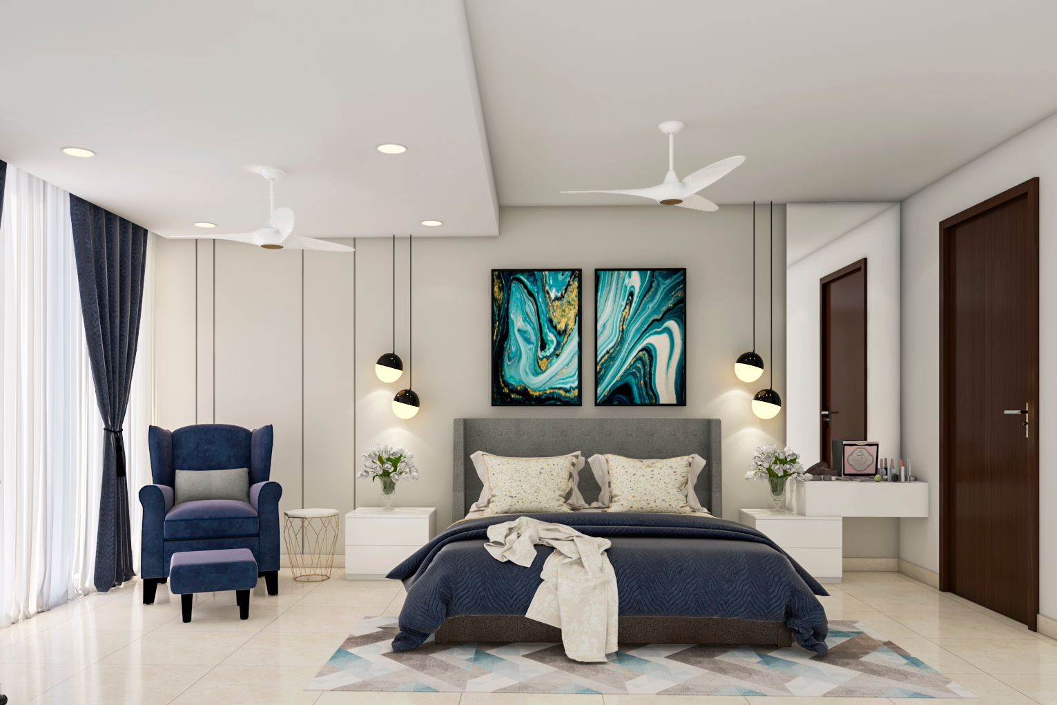 Spacious Blue And Grey Master Bedroom Design With Blue Accent Chair ...