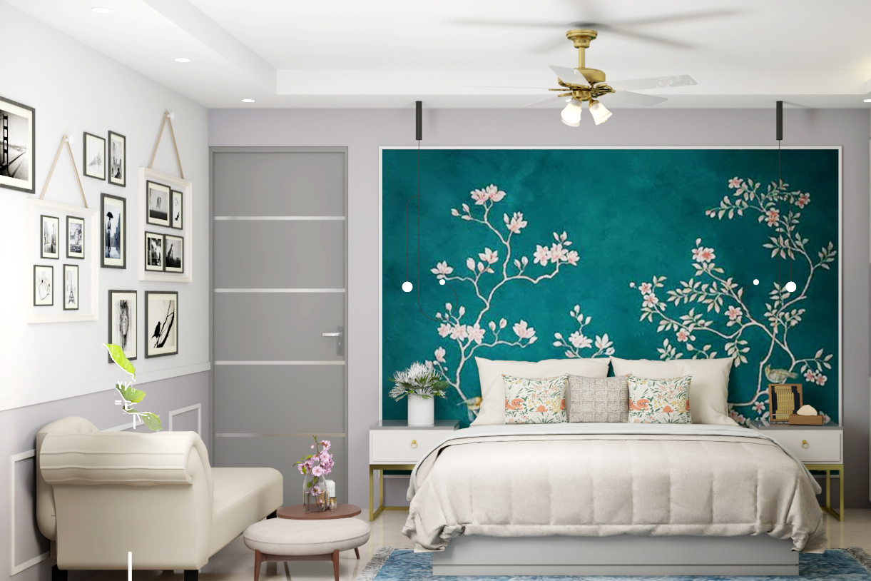 Spacious Blue And White Master Bedroom Design With Floral Wall Design ...