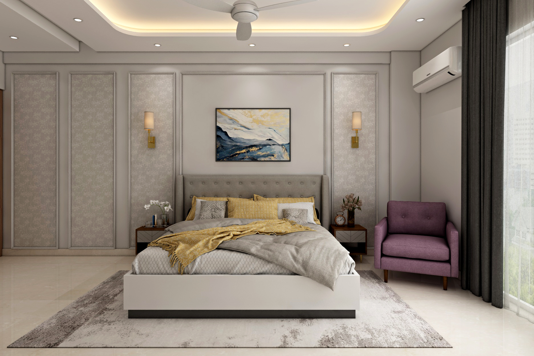 Spacious White Master Bedroom Design With False Ceiling | Livspace