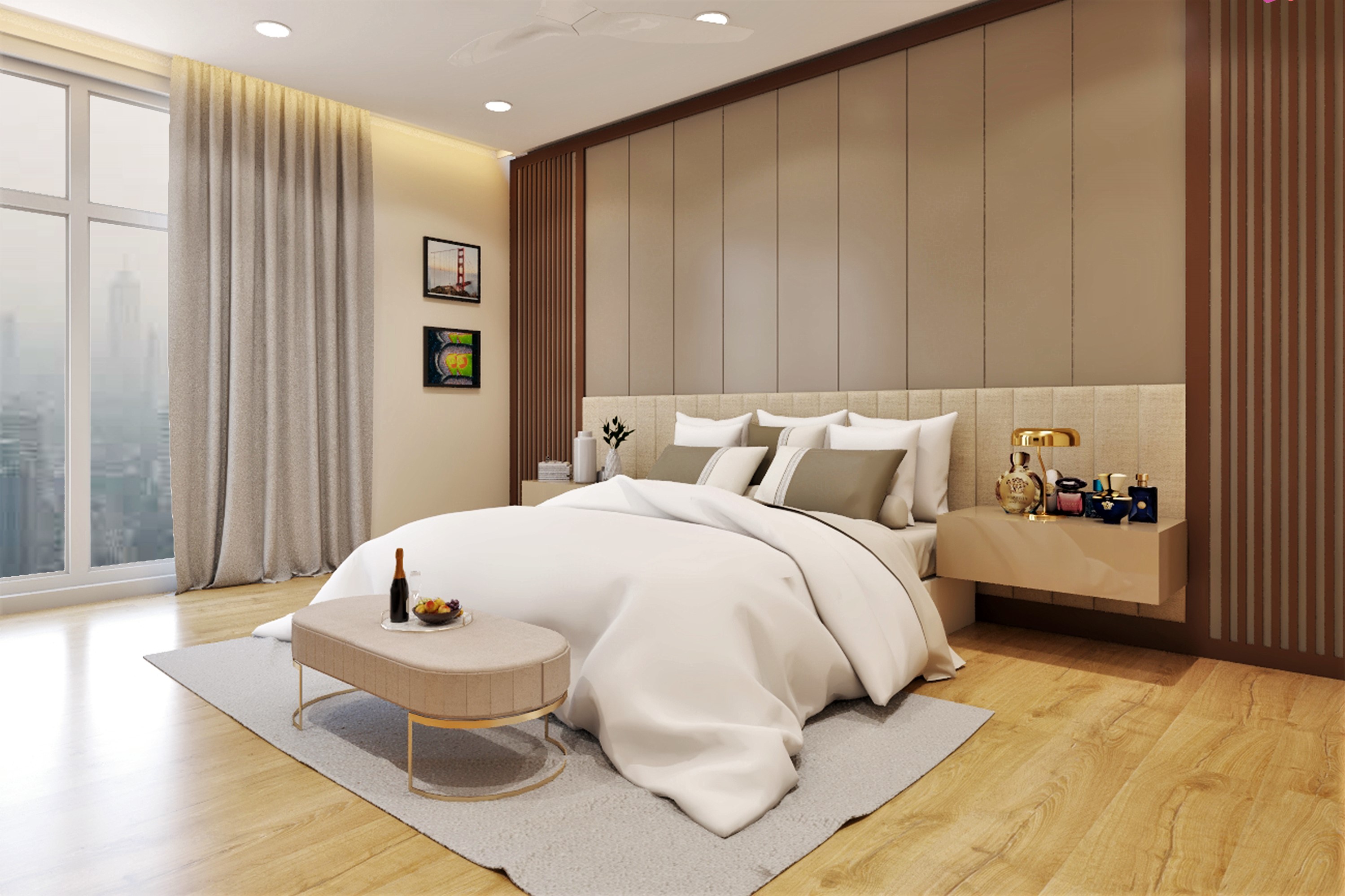 Spacious Master Bedroom Design With Wooden Panelling | Livspace