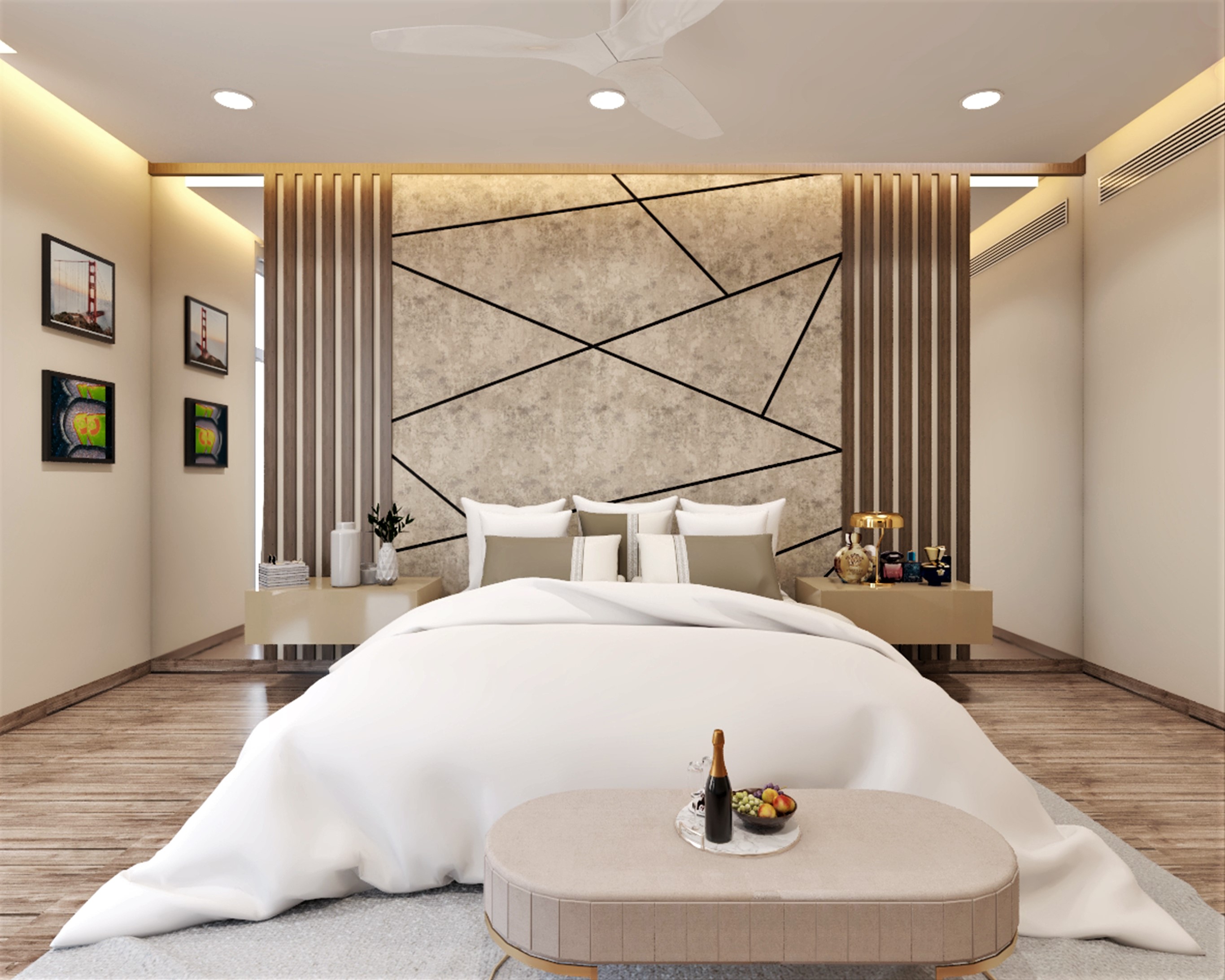 Spacious Master Bedroom Design With Wooden Wall Panel | Livspace