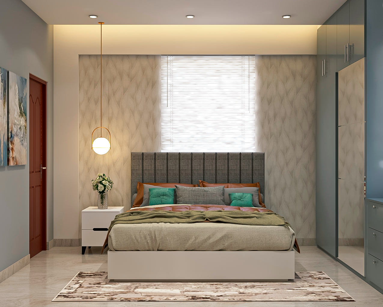 Spacious Master Bedroom Design With Grey Wardrobe | Livspace