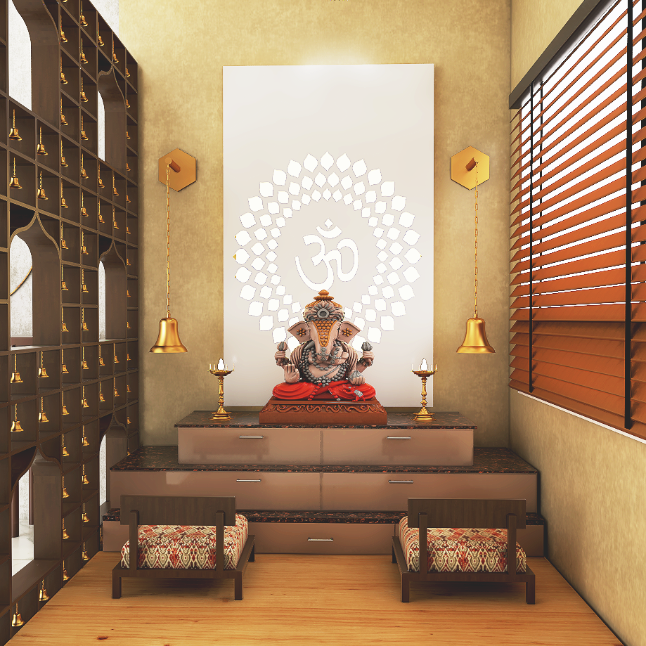 Wooden Partition Modern Spacious Pooja Room Design with 3-Step Storage ...