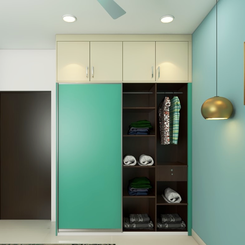 Cyan Sliding Door Modern Wardrobe Design with Loft Storage | Livspace