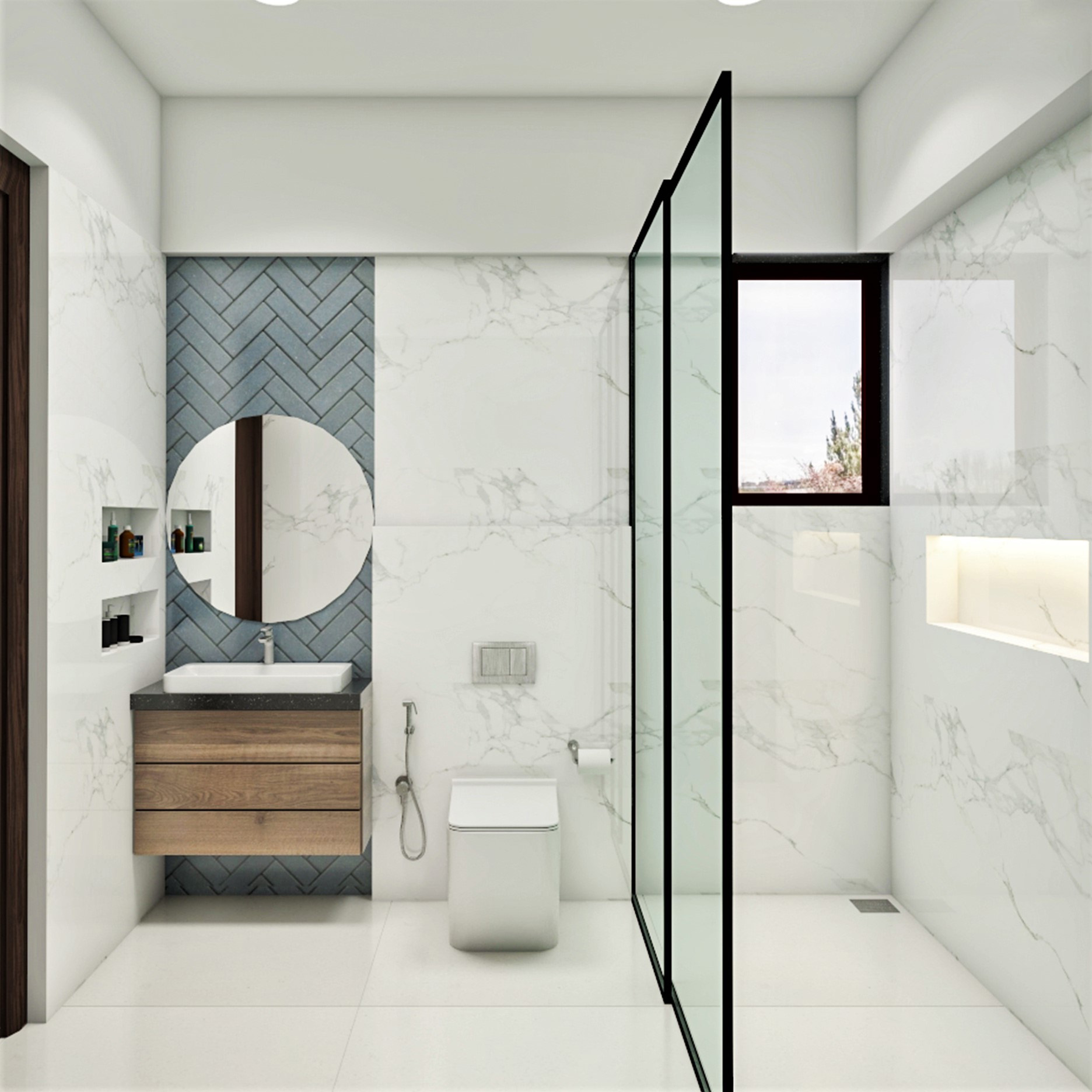 Contemporary Bathroom Design With A Round Mirror | Livspace