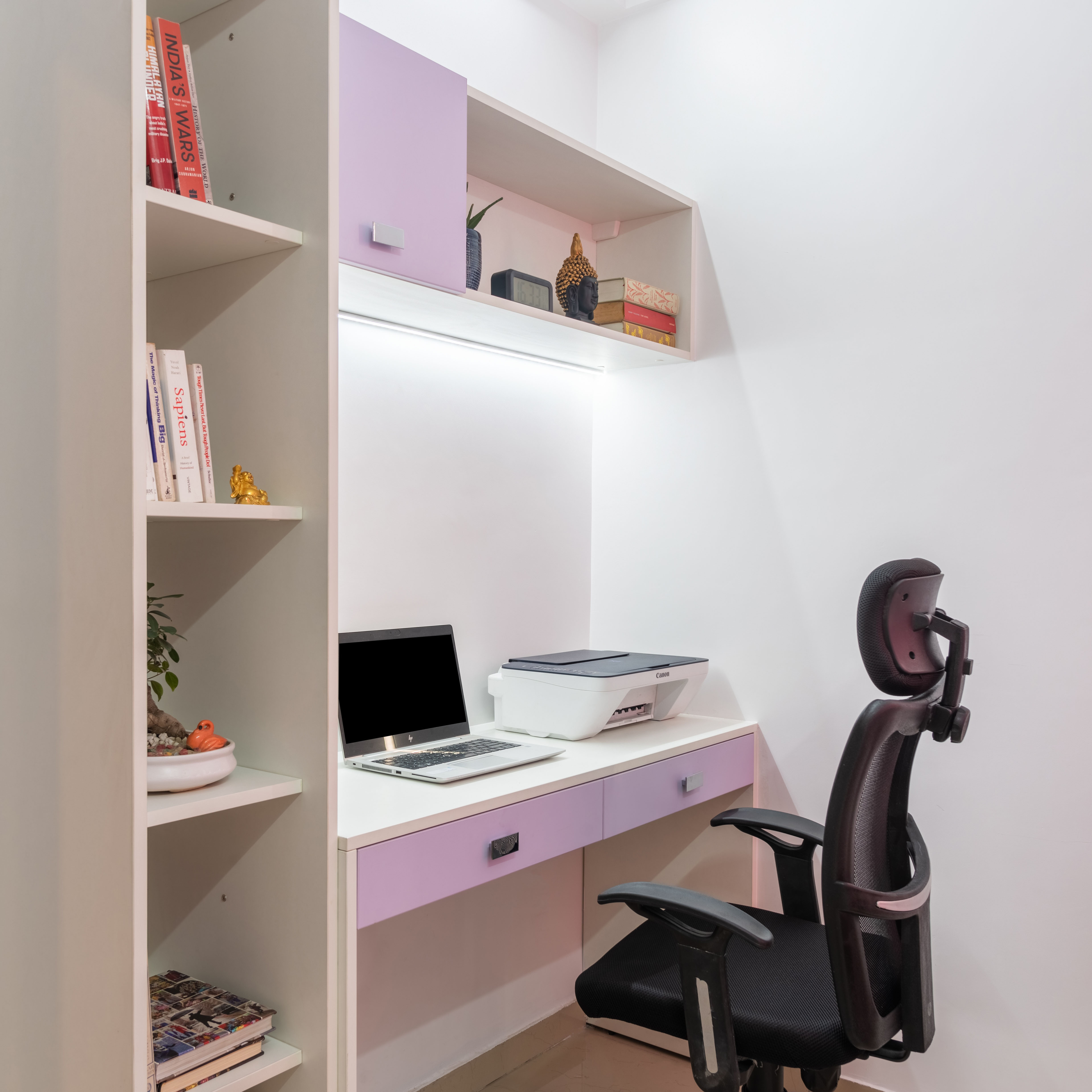 White and Violet Contemporary Home Office Design with Wall Storage and