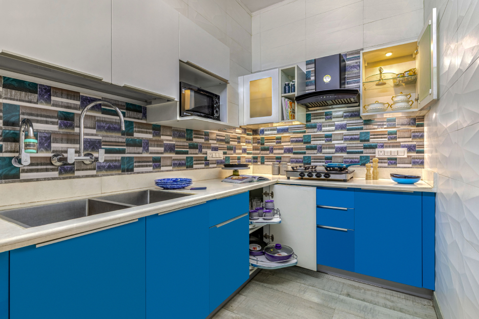 Blue And White Kitchen Design With Profile Lighting | Livspace