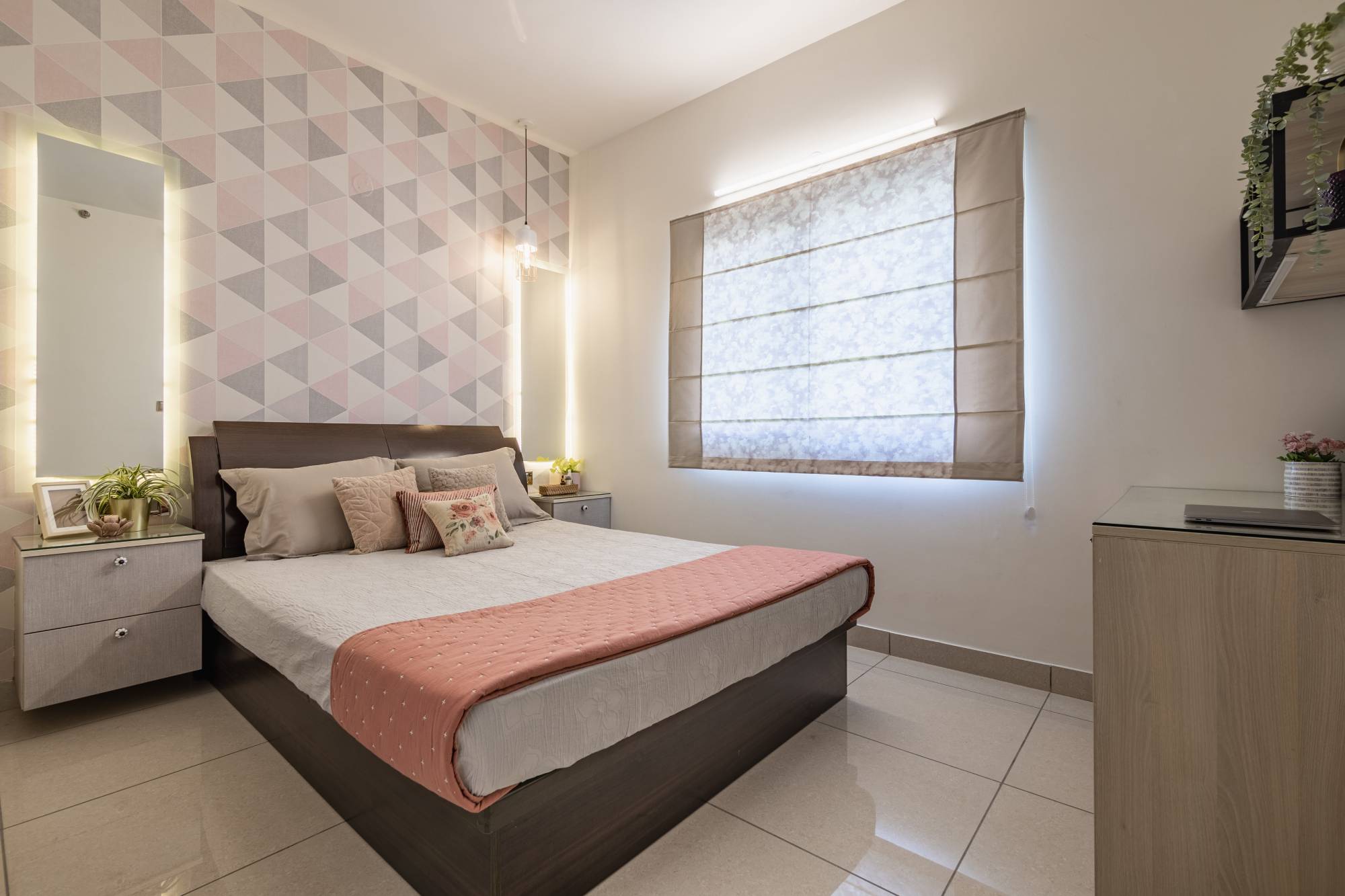 Master Bedroom Design With A Patterned Wallpaper And Pendant Lights ...
