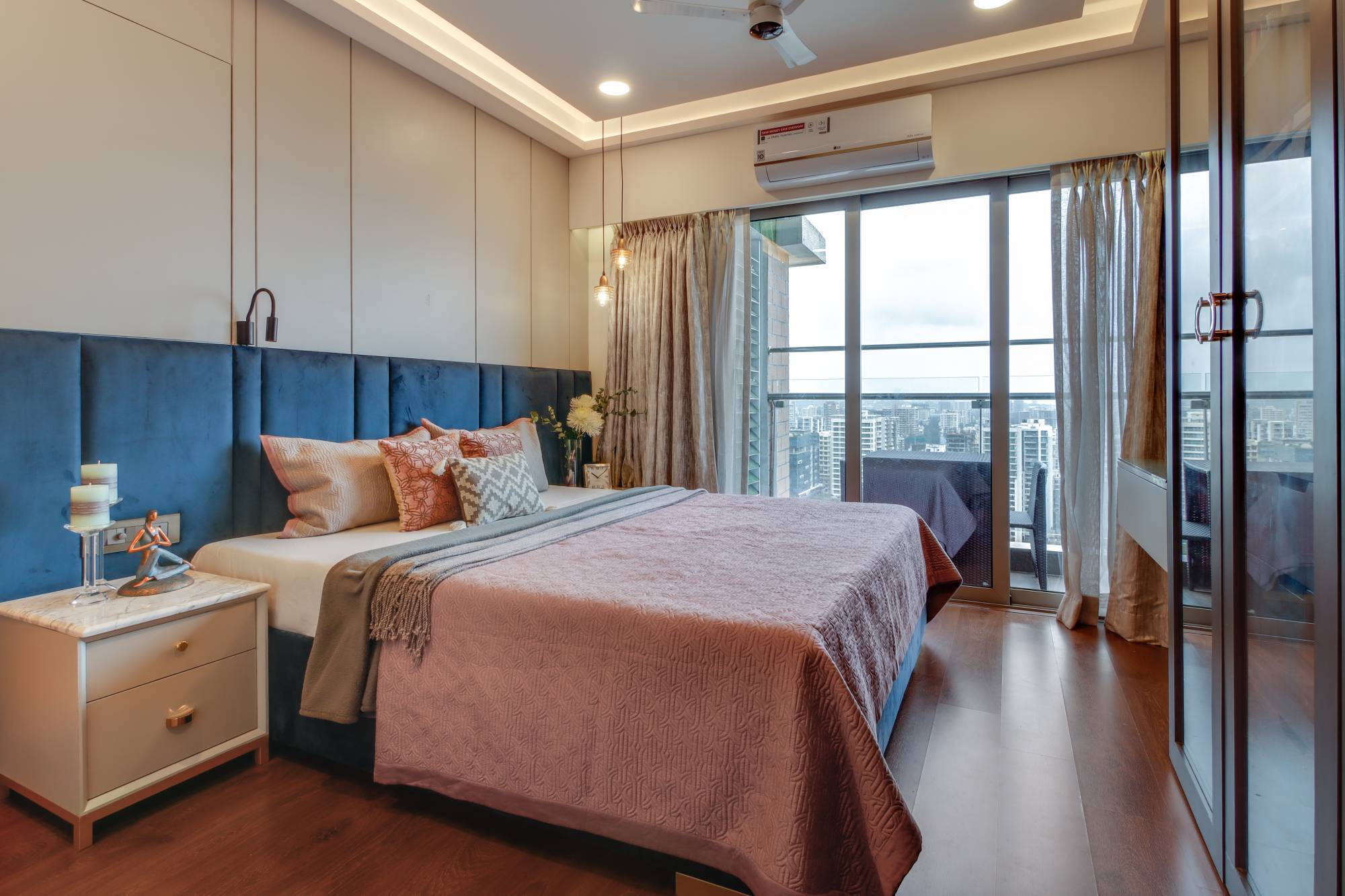 Master Bedroom Design With Grey Wall Panelling And Brass Pendant Lights ...