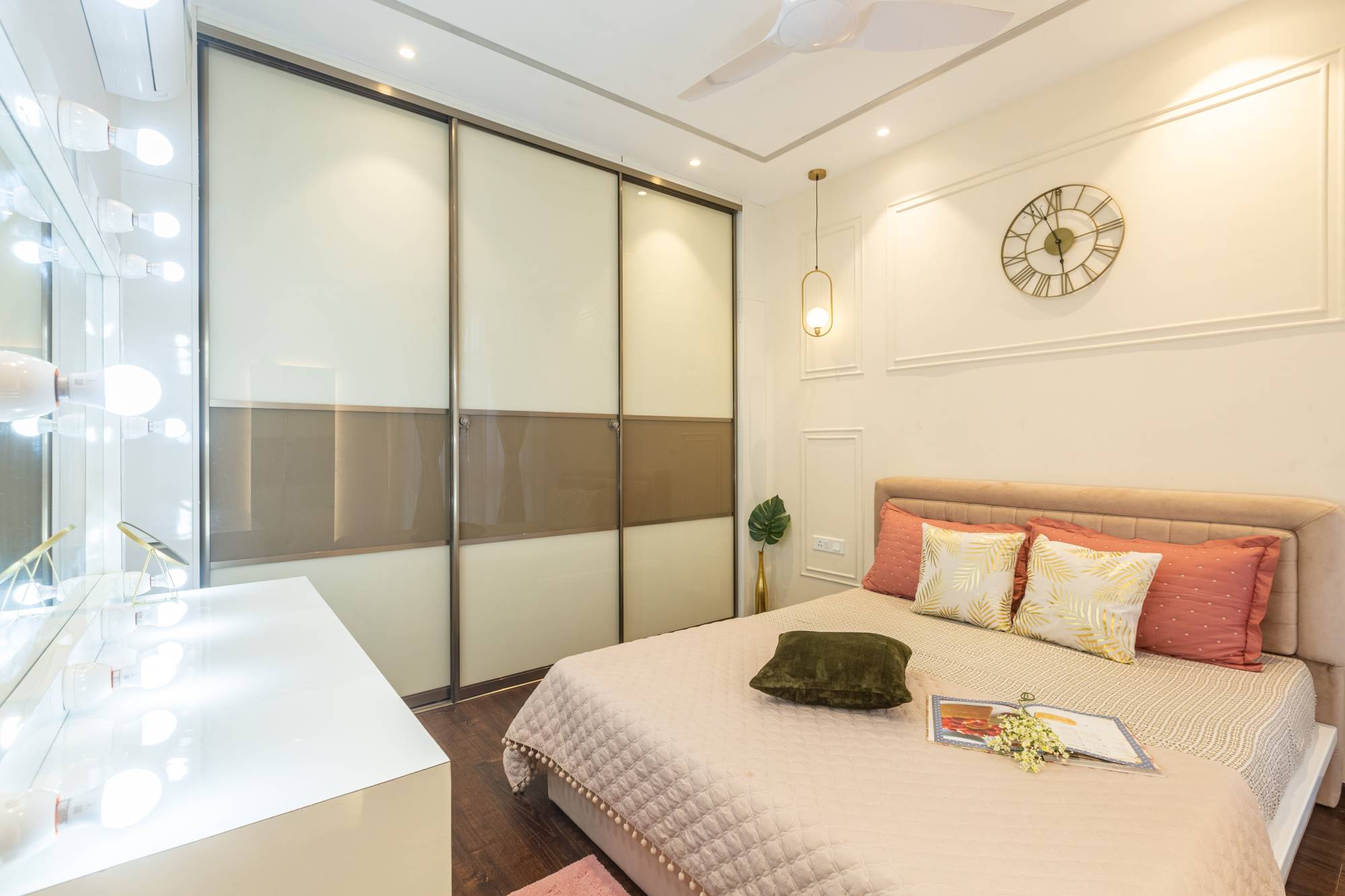 Spacious Bedroom Design With White Brass Pendant Lights | Livspace