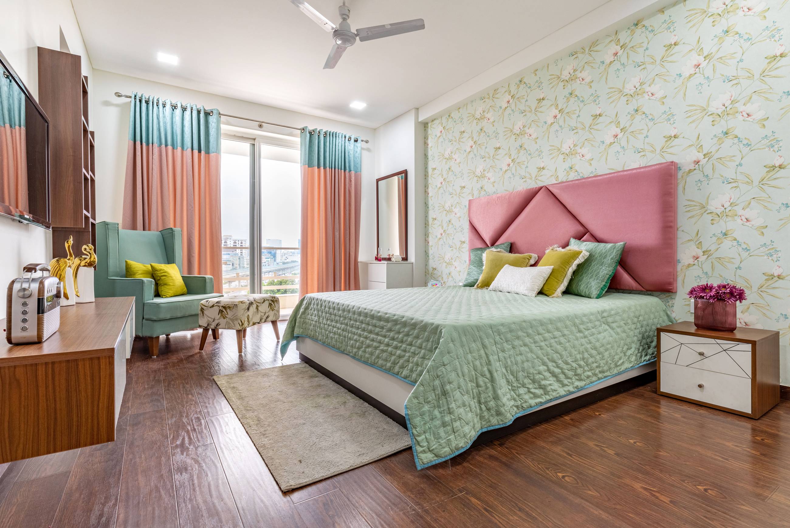 Spacious Bedroom Design With Floral Wallpaper | Livspace