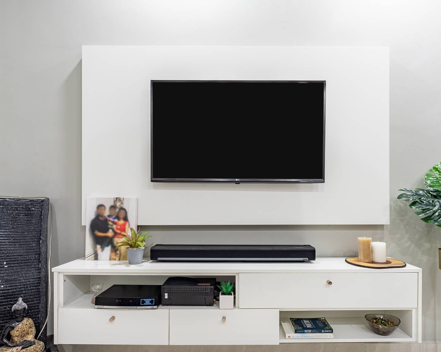 Spacious TV Unit Design With White Wall Unit | Livspace