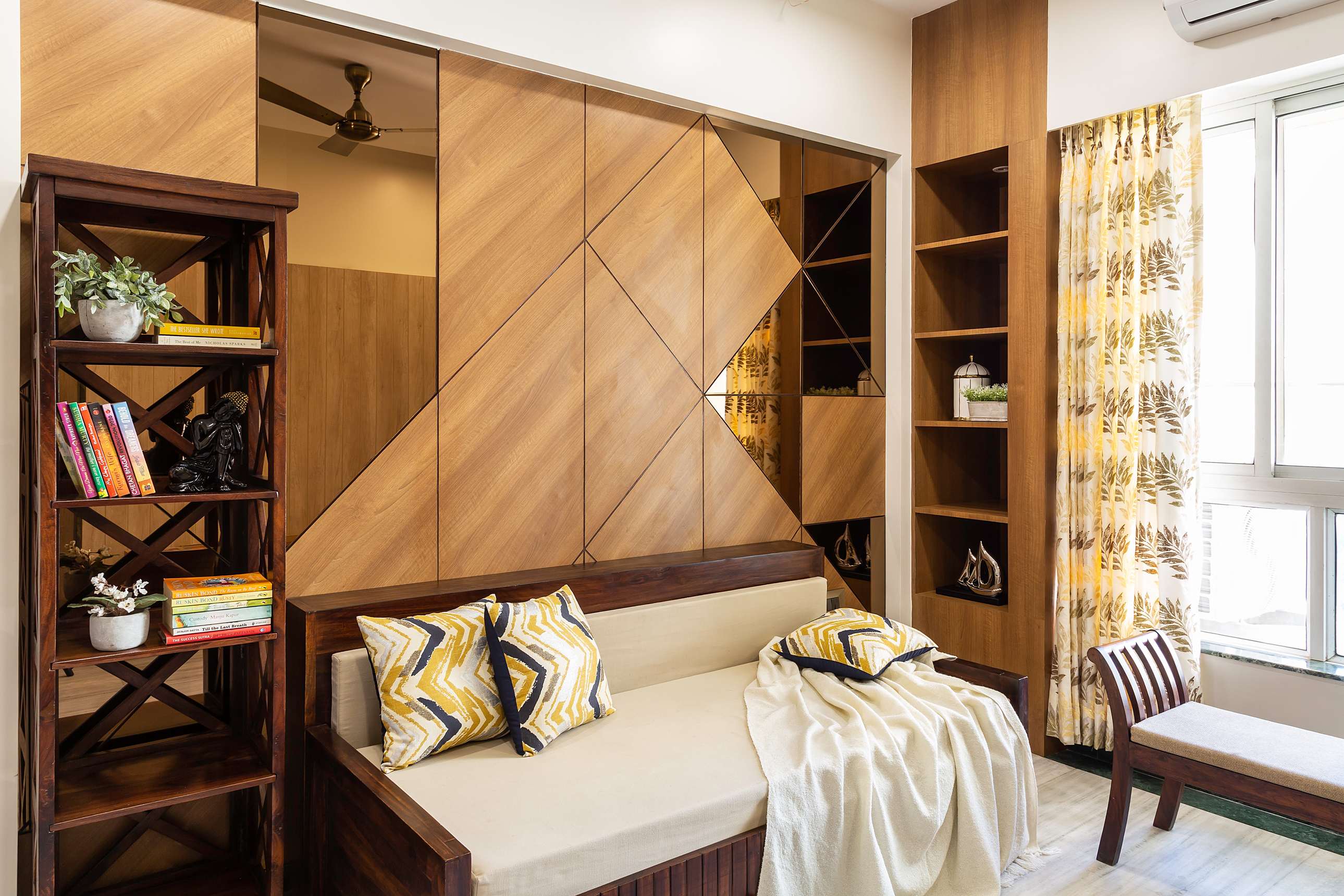 Wall Design For Bedrooms With Brown Wooden Panelling | Livspace