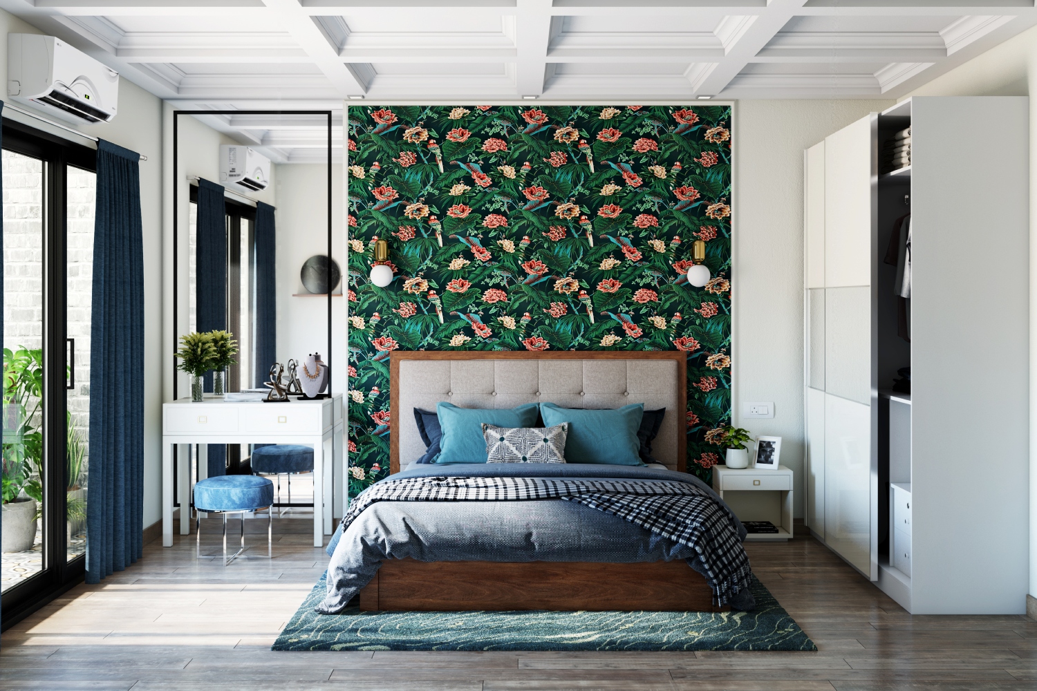 Modern Master Bedroom Design with Floral Wallpaper Accent | Livspace
