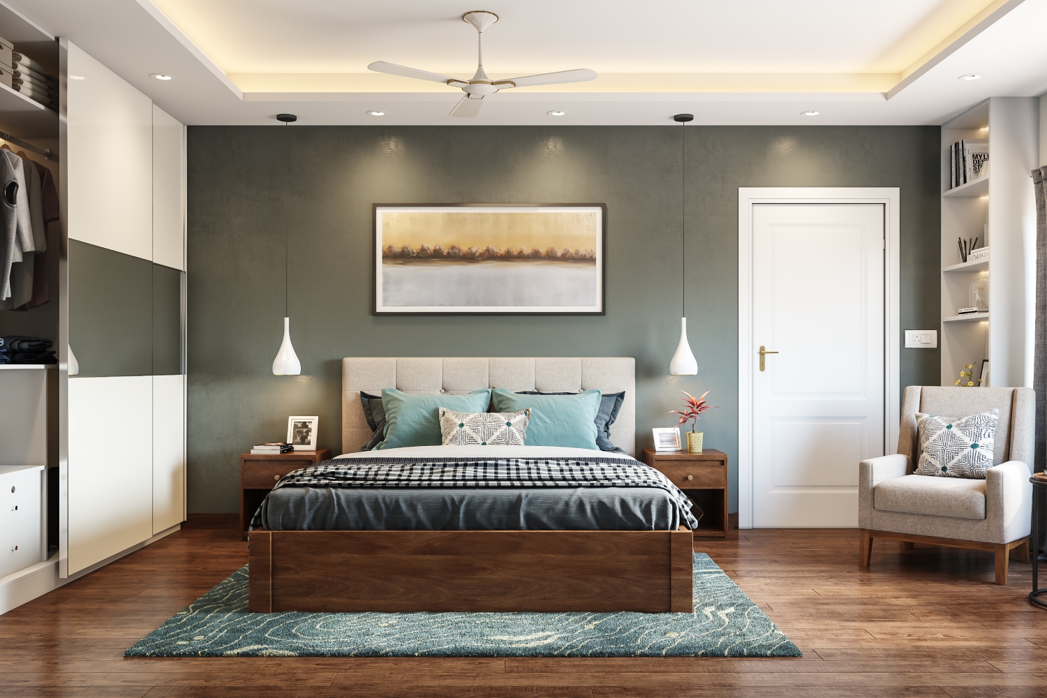Modern Master Bedroom Design with Dark Grey Textured Wall | Livspace