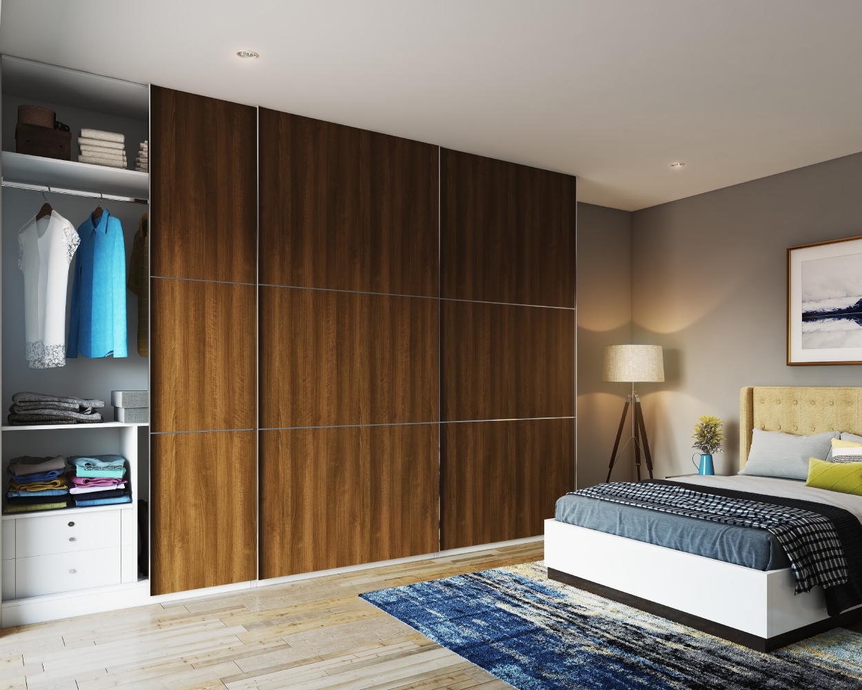 3-Door Contemporary Wooden Sliding Wardrobe Design For Bedrooms | Livspace