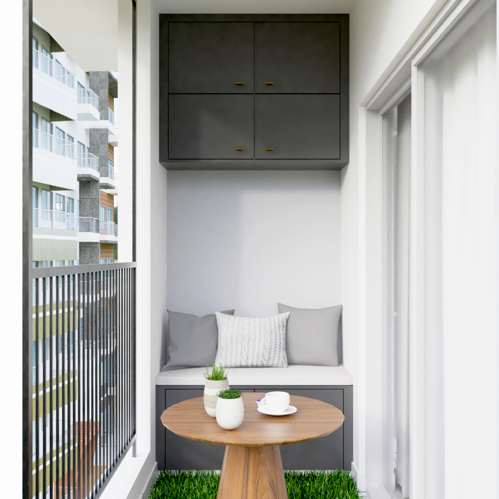 Compact Grey And White Balcony Design With Round Wooden Coffee Table ...