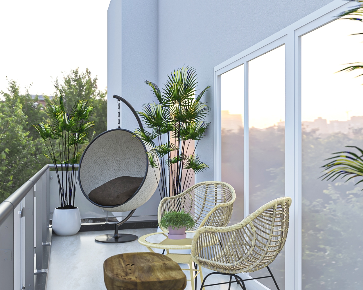 Blue Compact Coastal Balcony Design With Rattan Furniture And Nest ...