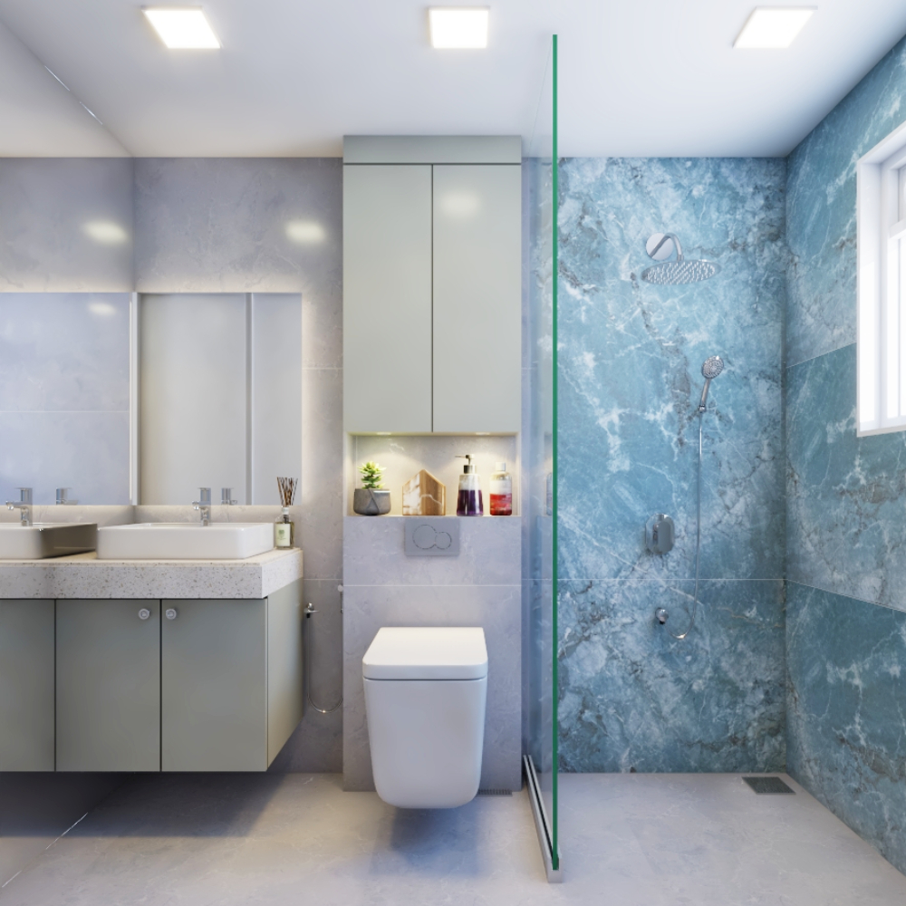 White And Blue Bathroom Design With Small 2-Door Vanity Unit In Grey ...