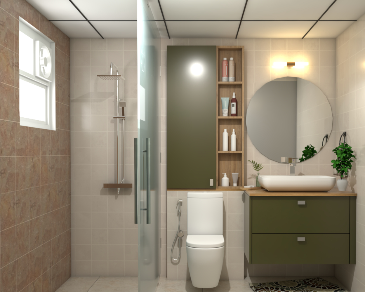 Brown And Beige Bathroom Design With Olive Green Bathroom