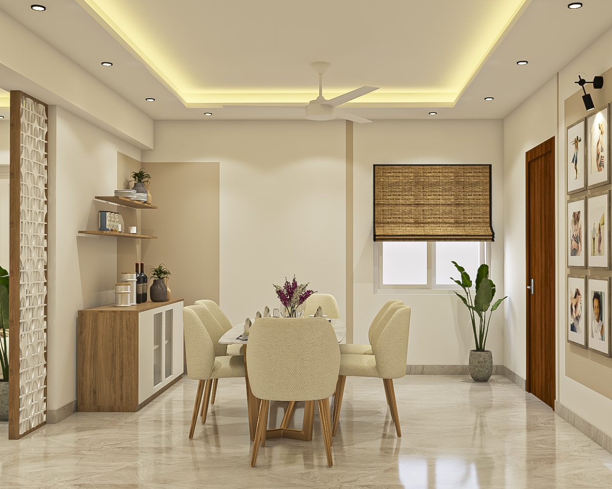 White And Beige 6-Seater Dining Room Design With White And Wood Storage ...