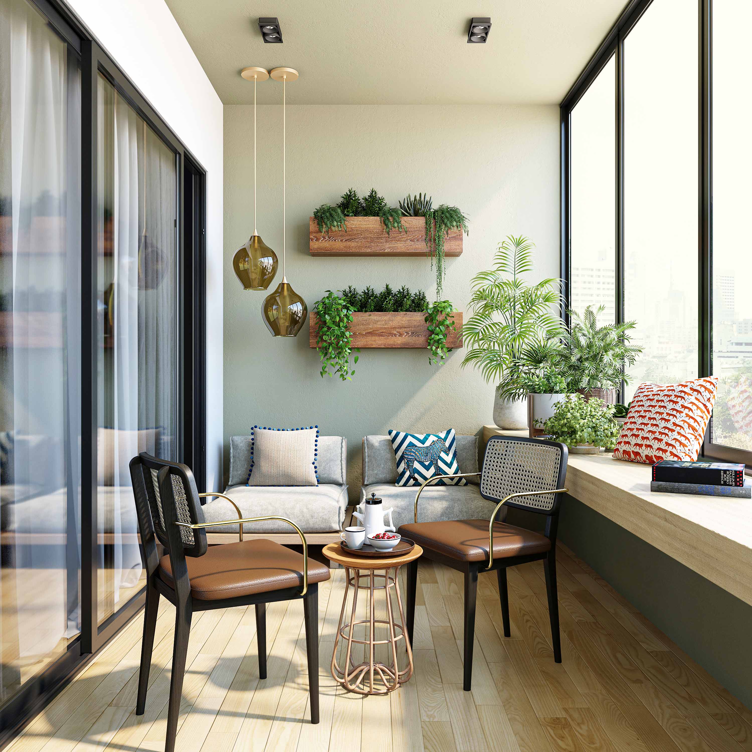 Classic Compact Balcony Design With Beige Textured Wall Paint And Wall ...