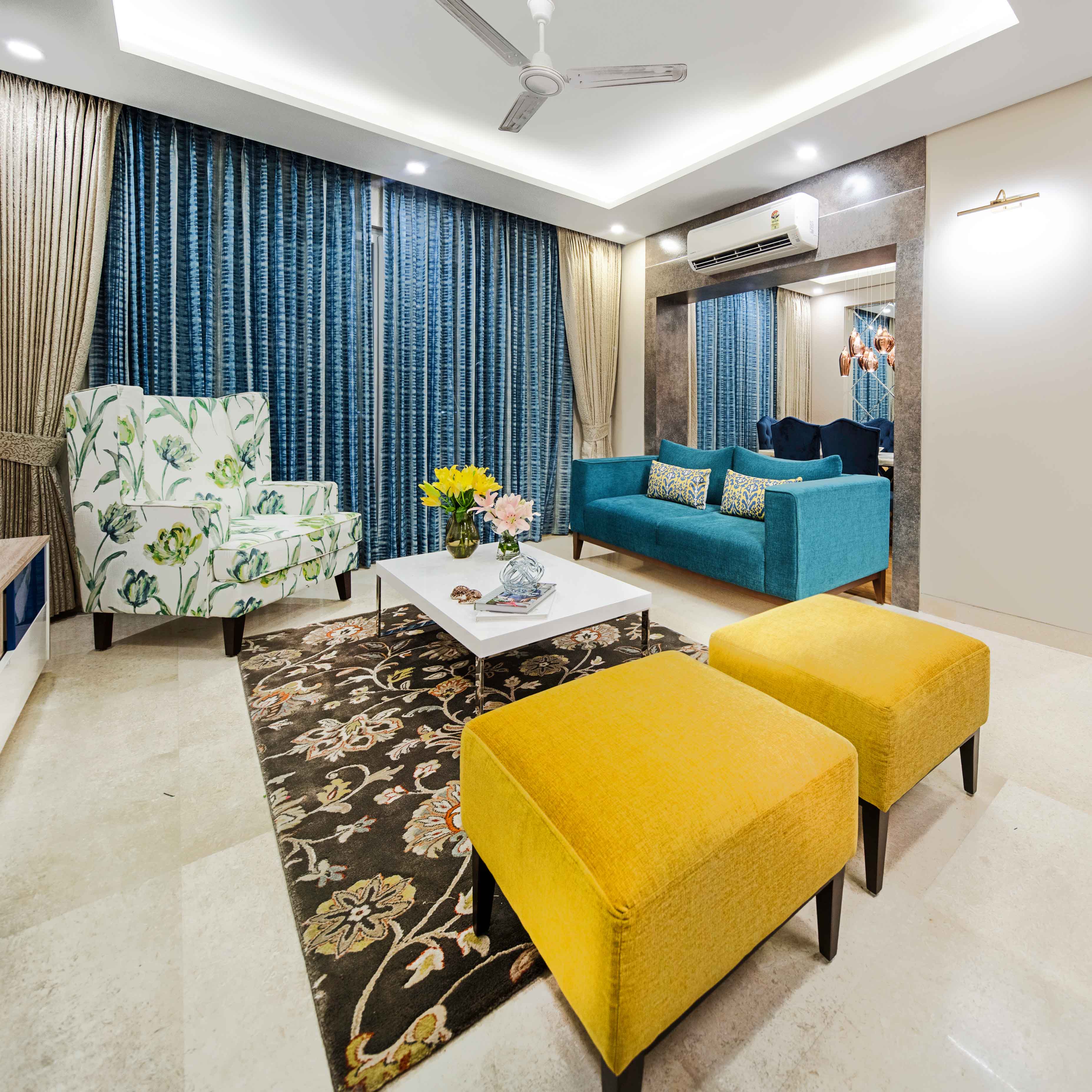 Delhi 3-BHK Interior Design With 6-Seater Blue And Beige Dining Table ...