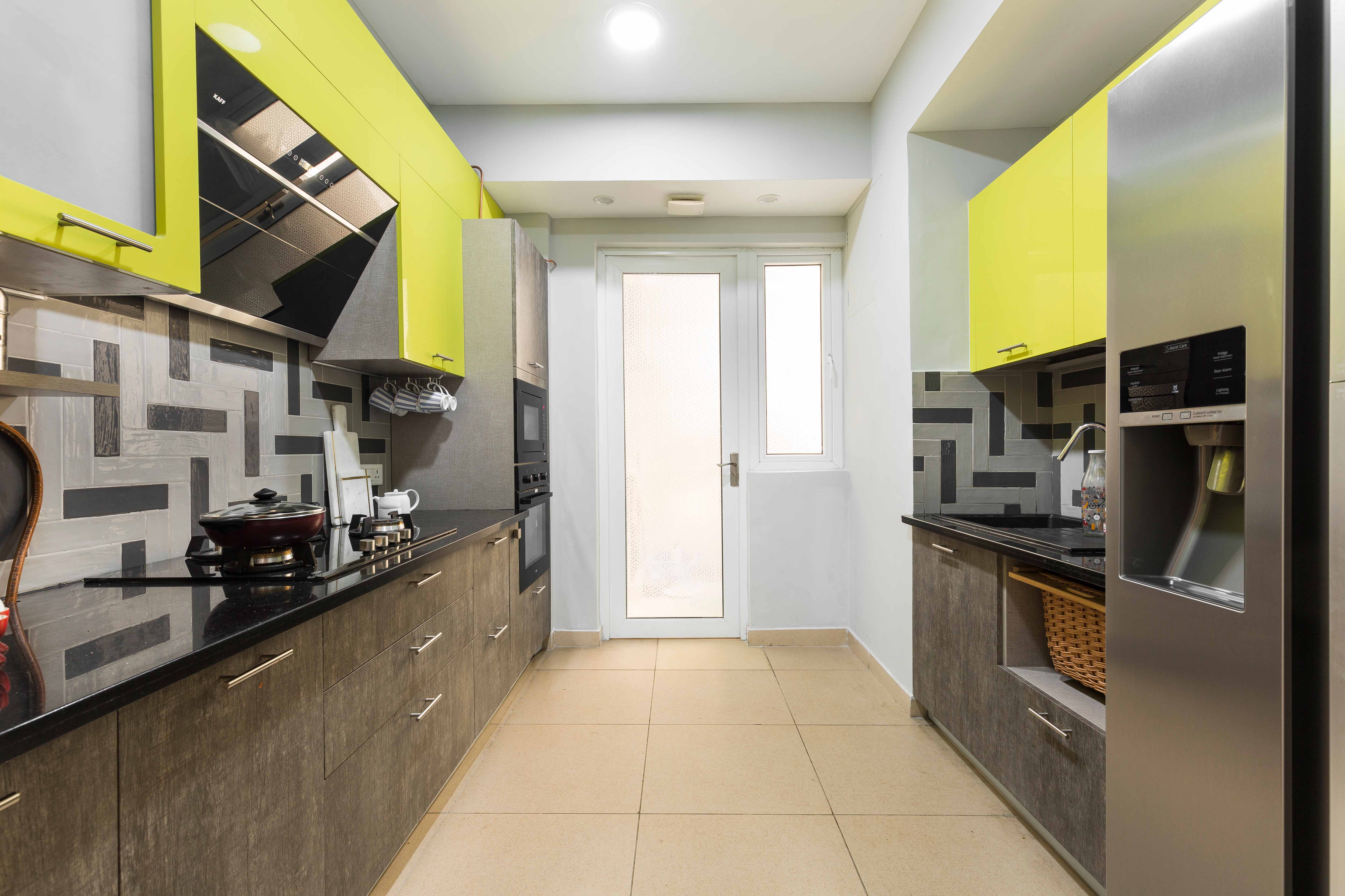 3-BHK Interior for Gurgaon Flat Design with Blue Theme and Patterned ...