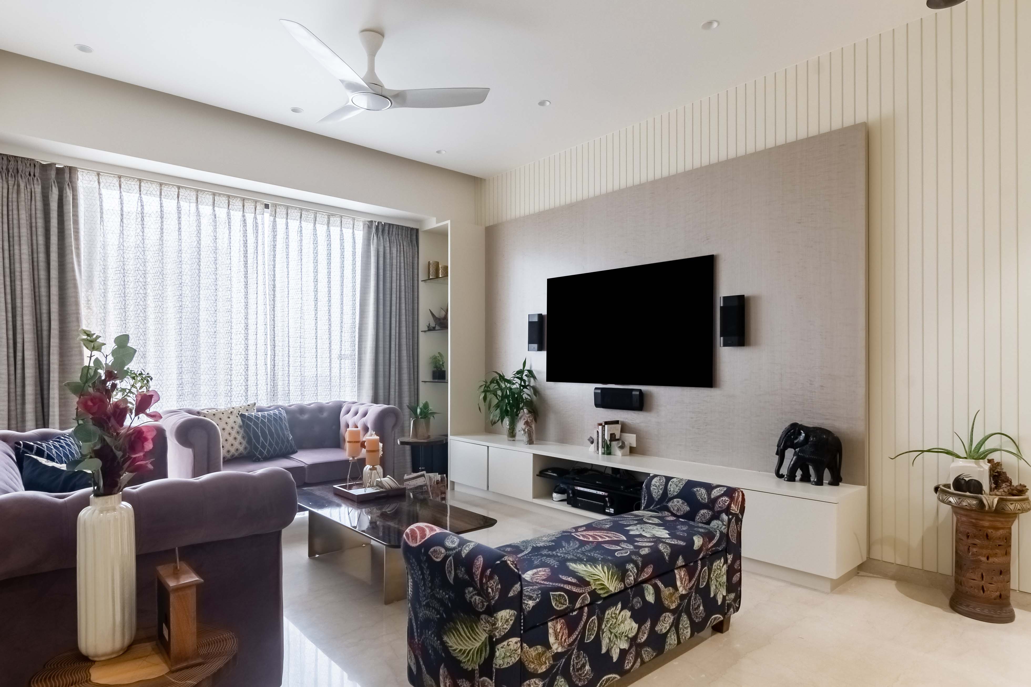 Photo inspiration: U Shaped Contemporary Living Room Design With Purple And Dark Photo Inspiration