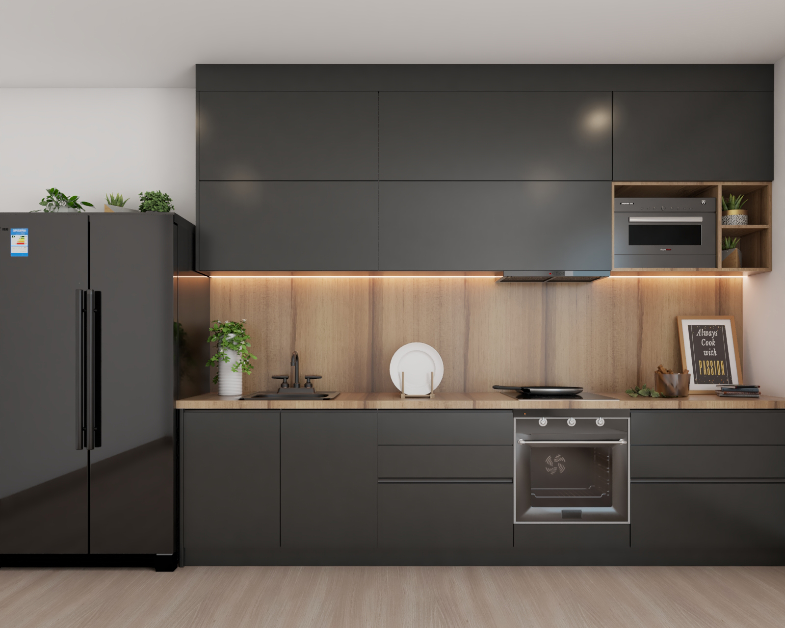 Spacious Dark Grey Modular Kitchen Design With Under-Cabinet Lighting ...