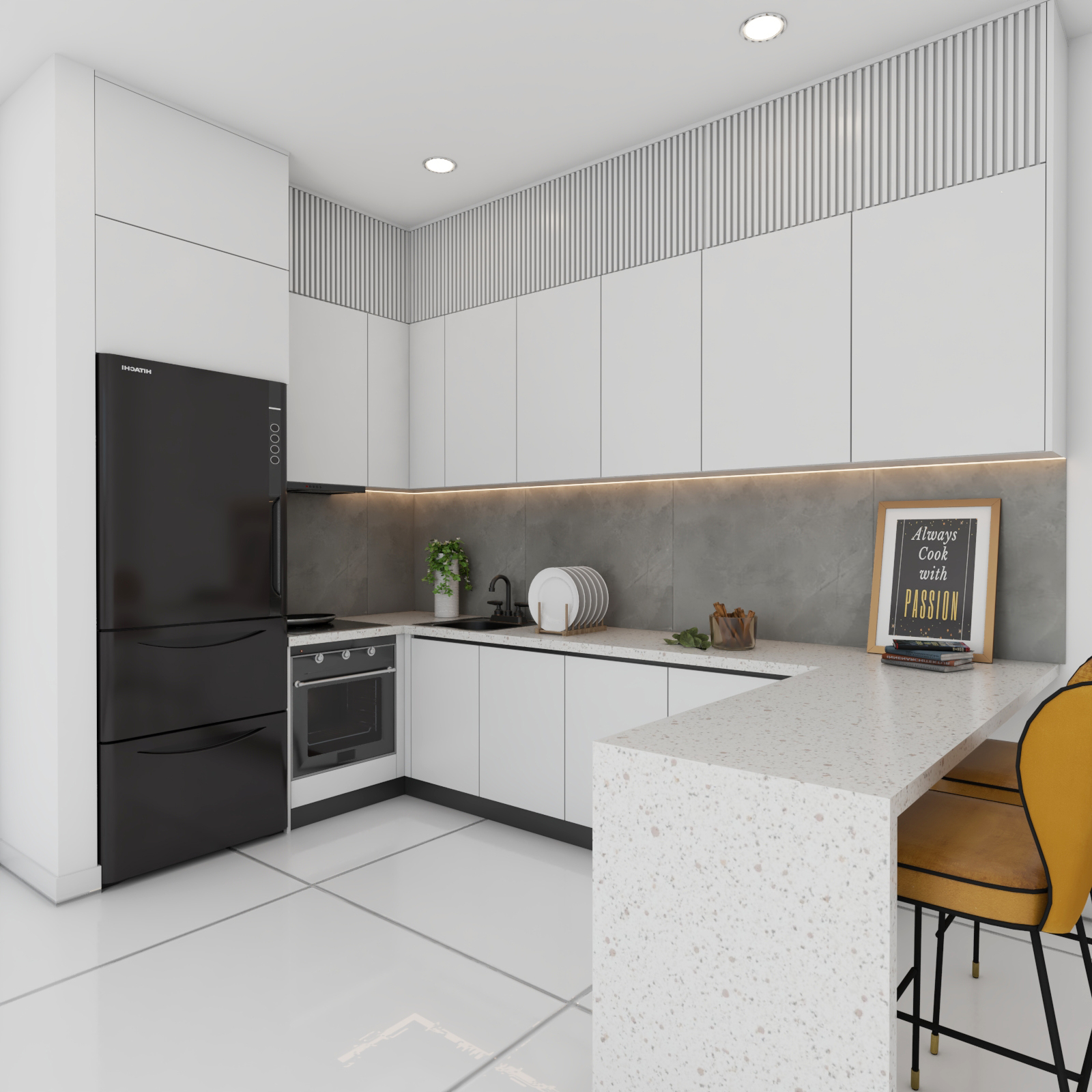 U-Shaped White Kitchen Design With Grey Textured Backsplash | Livspace