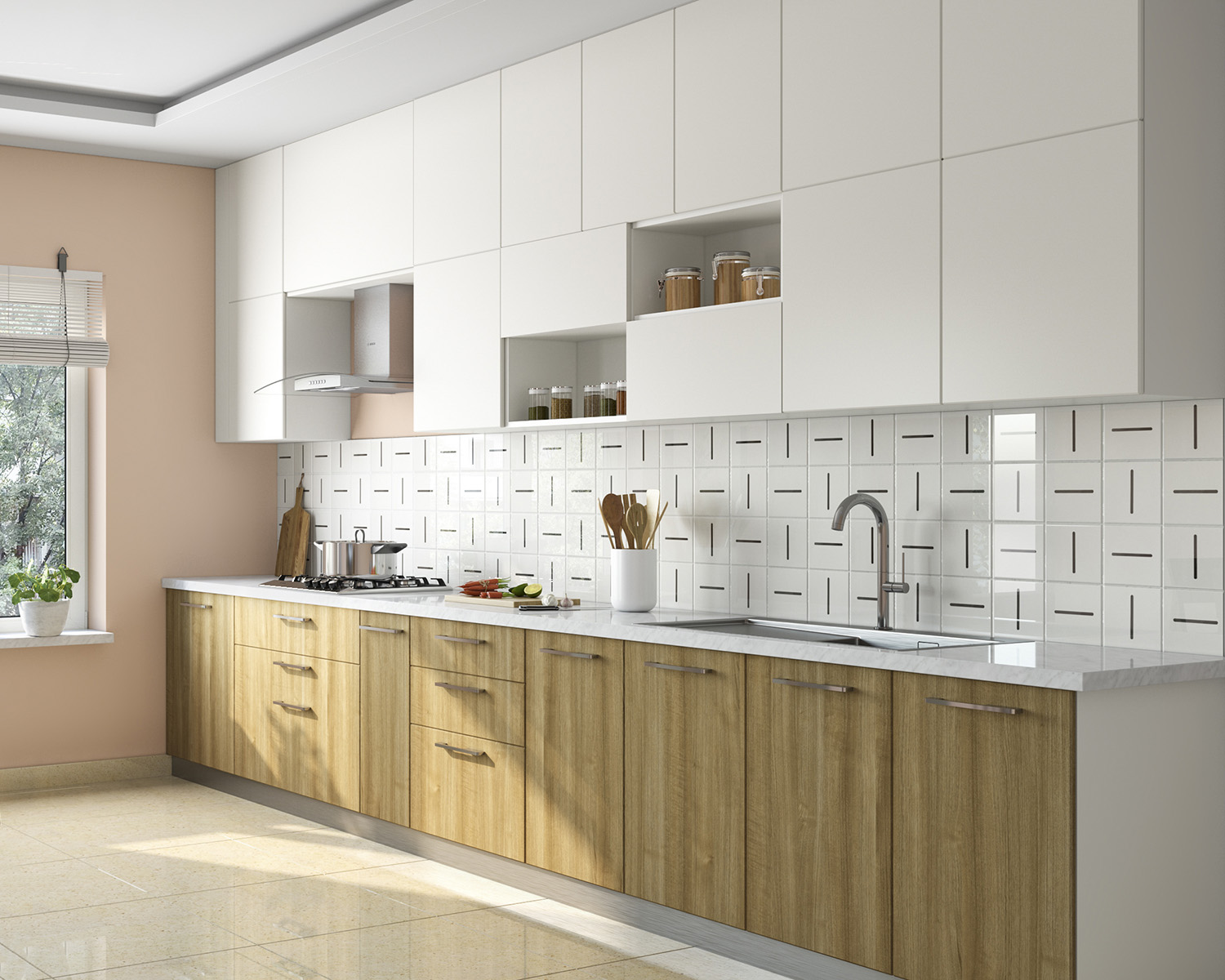 Contemporary Glossy White Ceramic Kitchen Wall Tile Design | Livspace