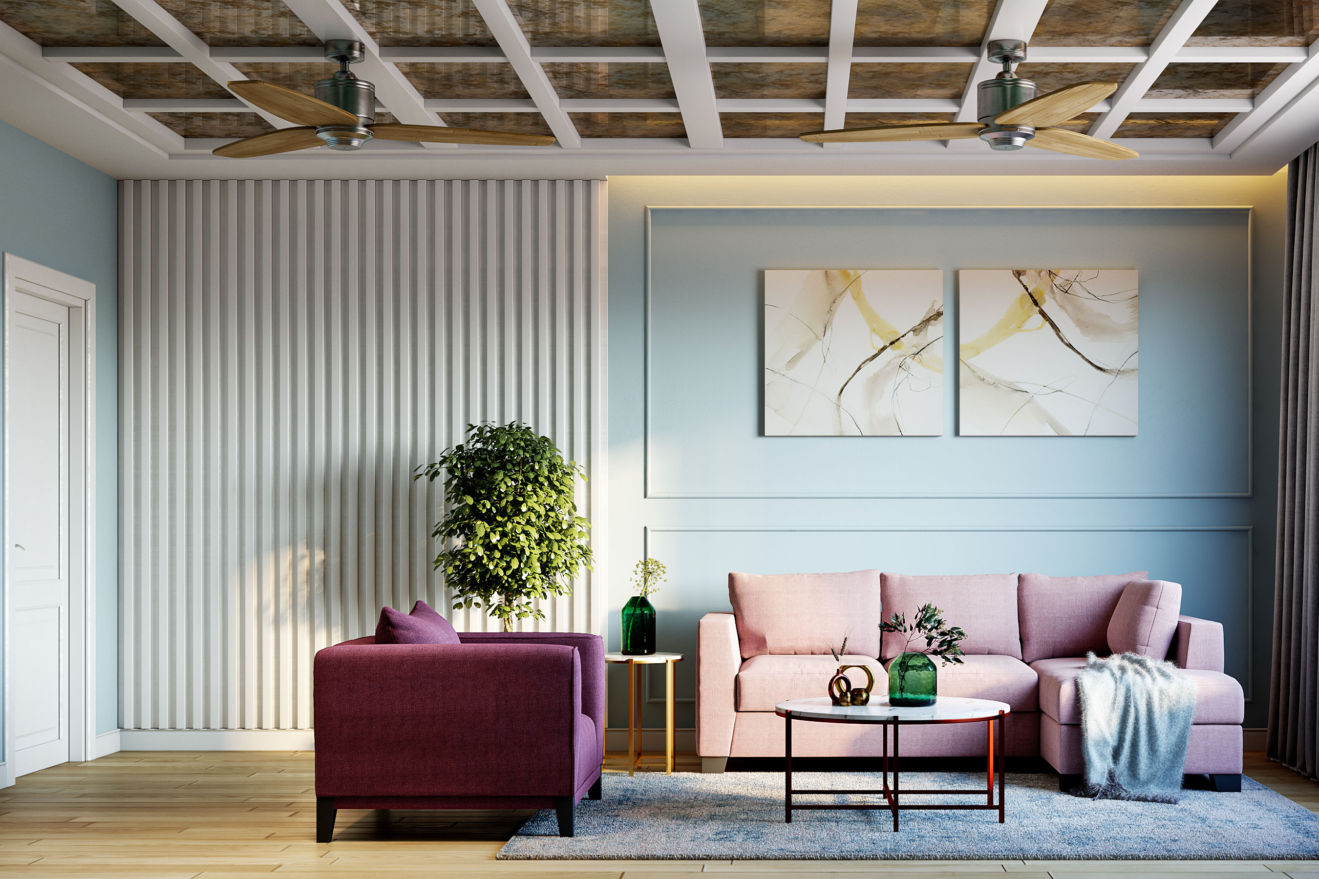 Living Room Wall Design With Blue Wall Paint And White Fluted Panelling ...