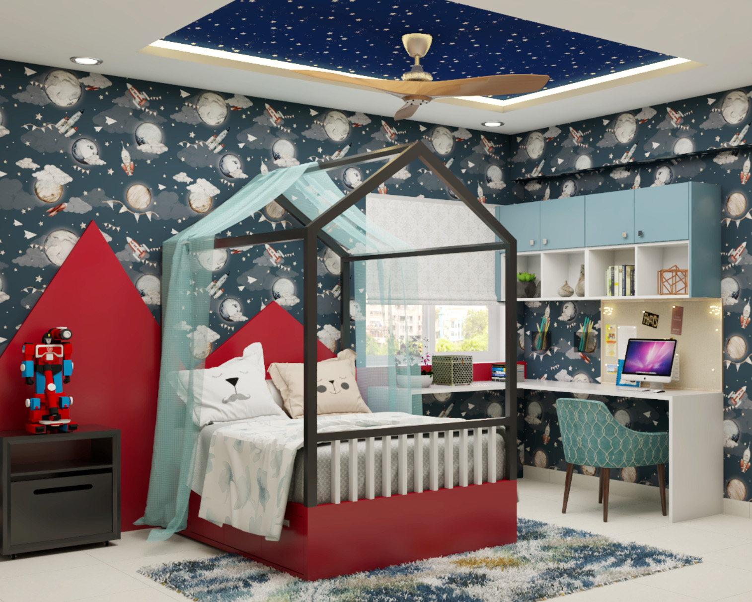 Dark Blue And White Bedroom Wallpaper Design With Space-Themed ...