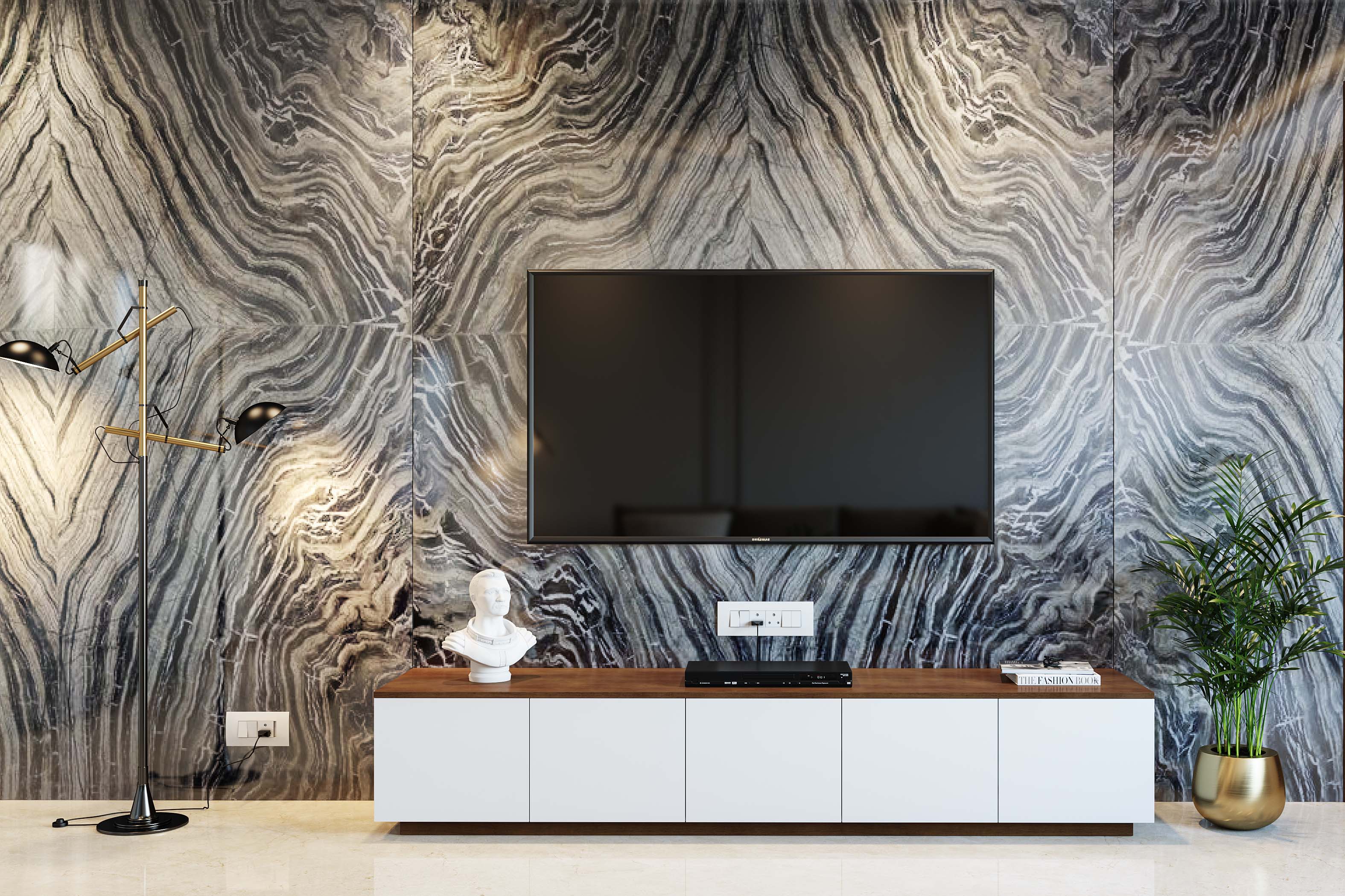 Modern White And Wood TV Unit Design With Marble-Finish Accent Wall ...
