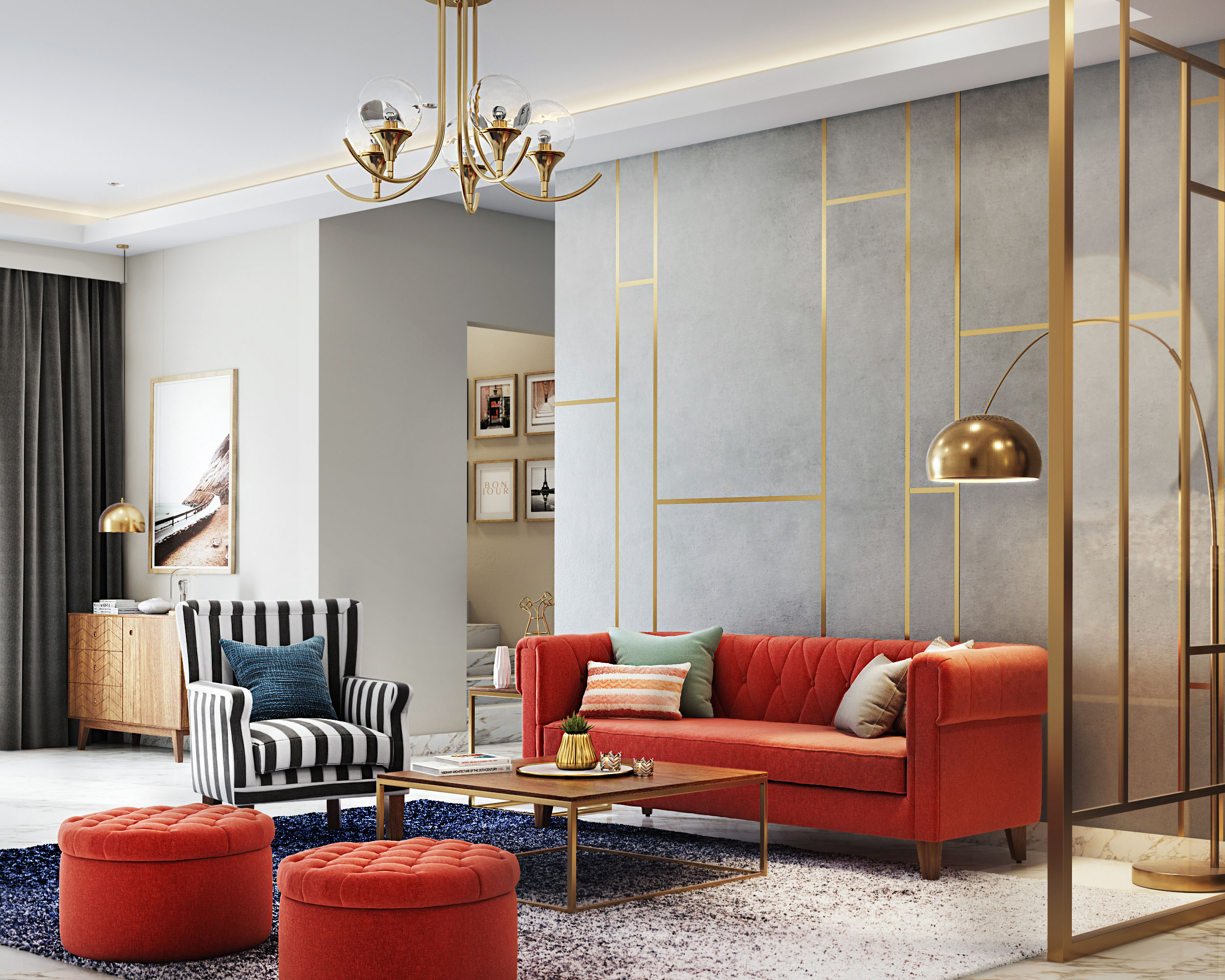 Grey And Gold Contemporary Wall Design For Living Rooms | Livspace