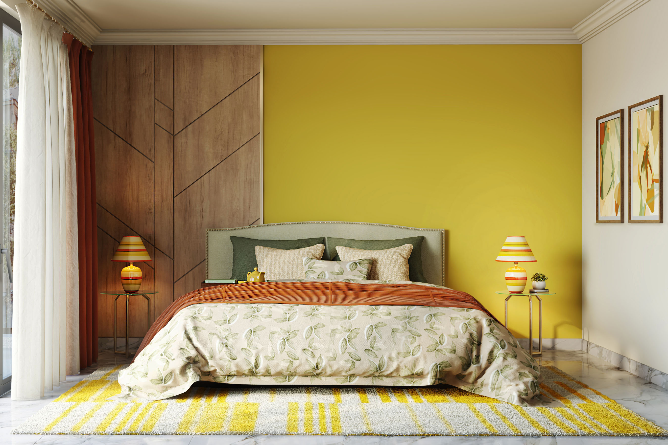 Yellow Bedroom Wall Paint Design With Wooden Panelling | Livspace