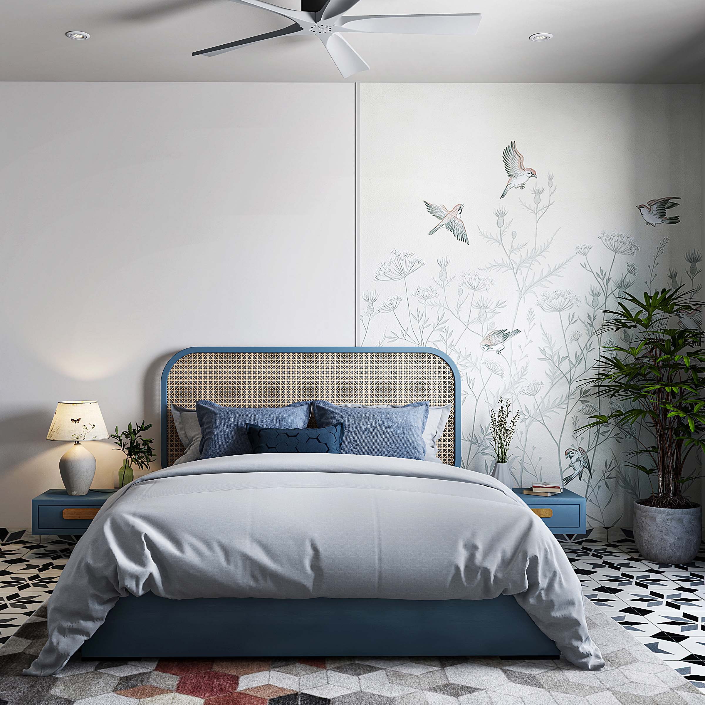 Curated visual reference: Visual Reference: Nature Themed White Base Bedroom Wallpaper Design For Bedrooms