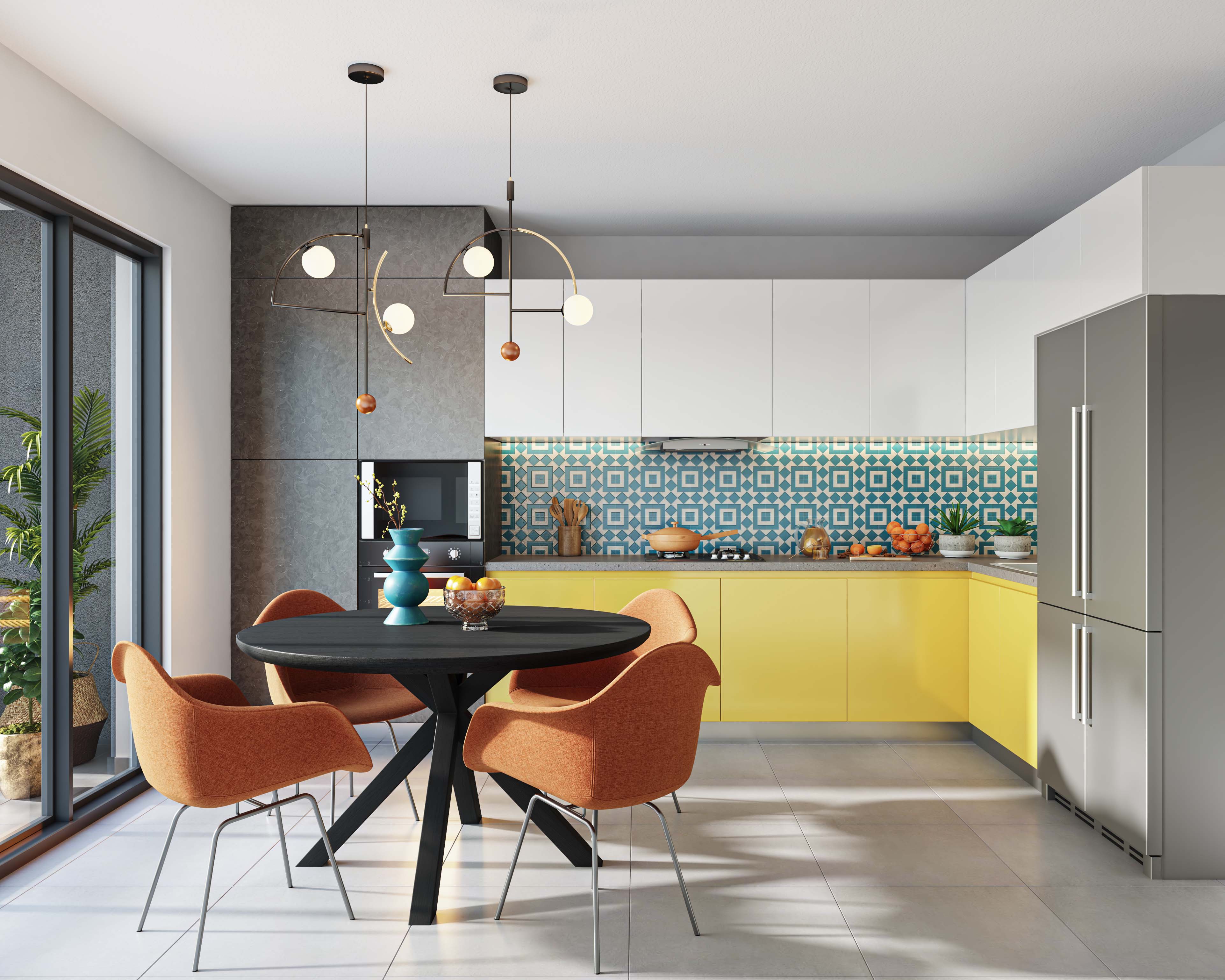 Yellow And White Space Saving Kitchen Ideas With L-Shaped Cabinets And ...