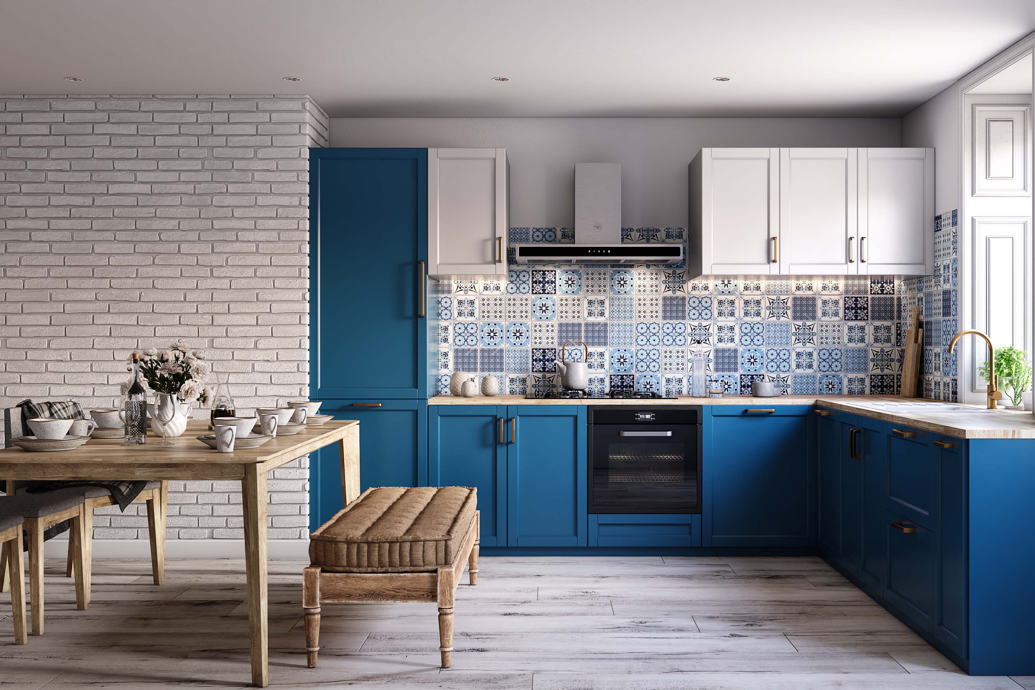 Blue And White Space-Saving Kitchen Design With Wooden 4-Seater Wooden ...