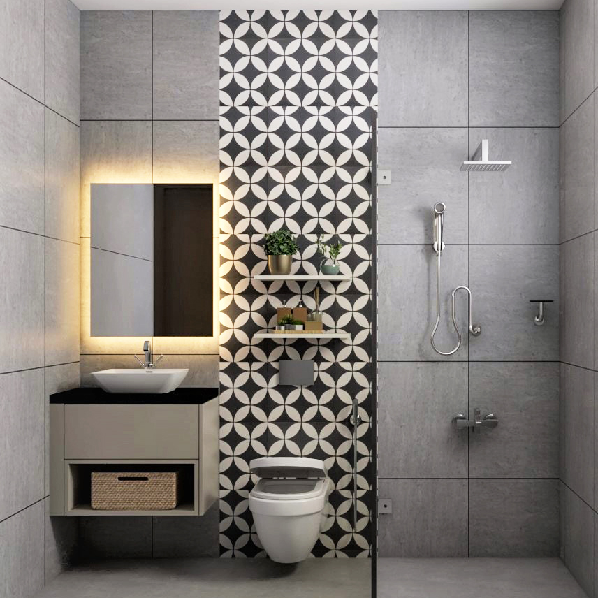 Porcelain Grey Matt Bathroom Tile Design With Highlighter Tiles | Livspace