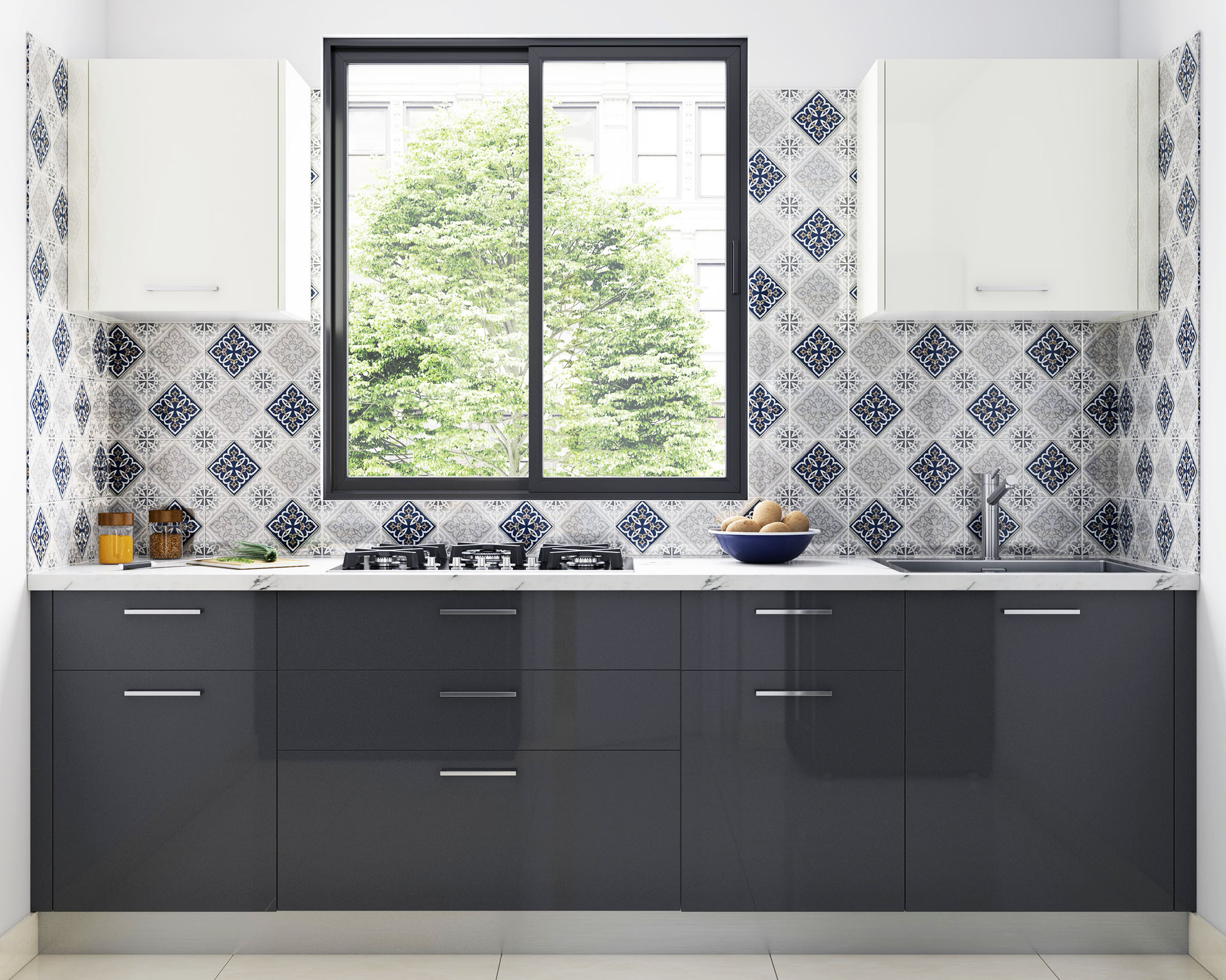 Moroccan-Style Square Ceramic Blue And Grey Kitchen Wall Tiles | Livspace