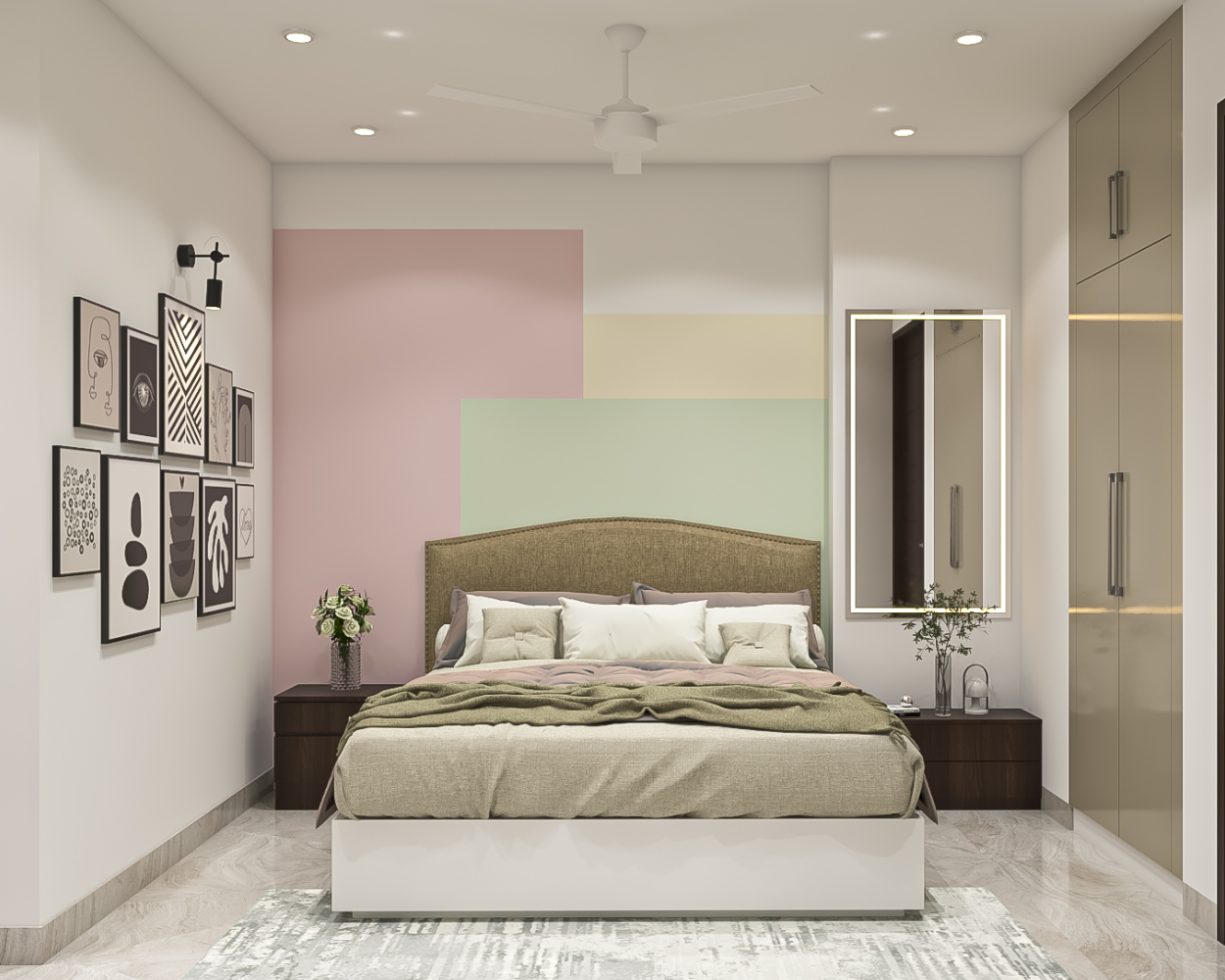 Spacious Guest Bedroom Design With Tri-Toned Accent Wall And 2-Door ...