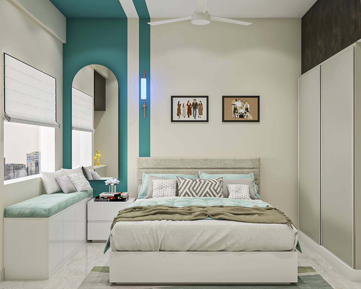Turquoise And Beige Guest Room With 2-Door Sliding Wardrobe And Bay ...