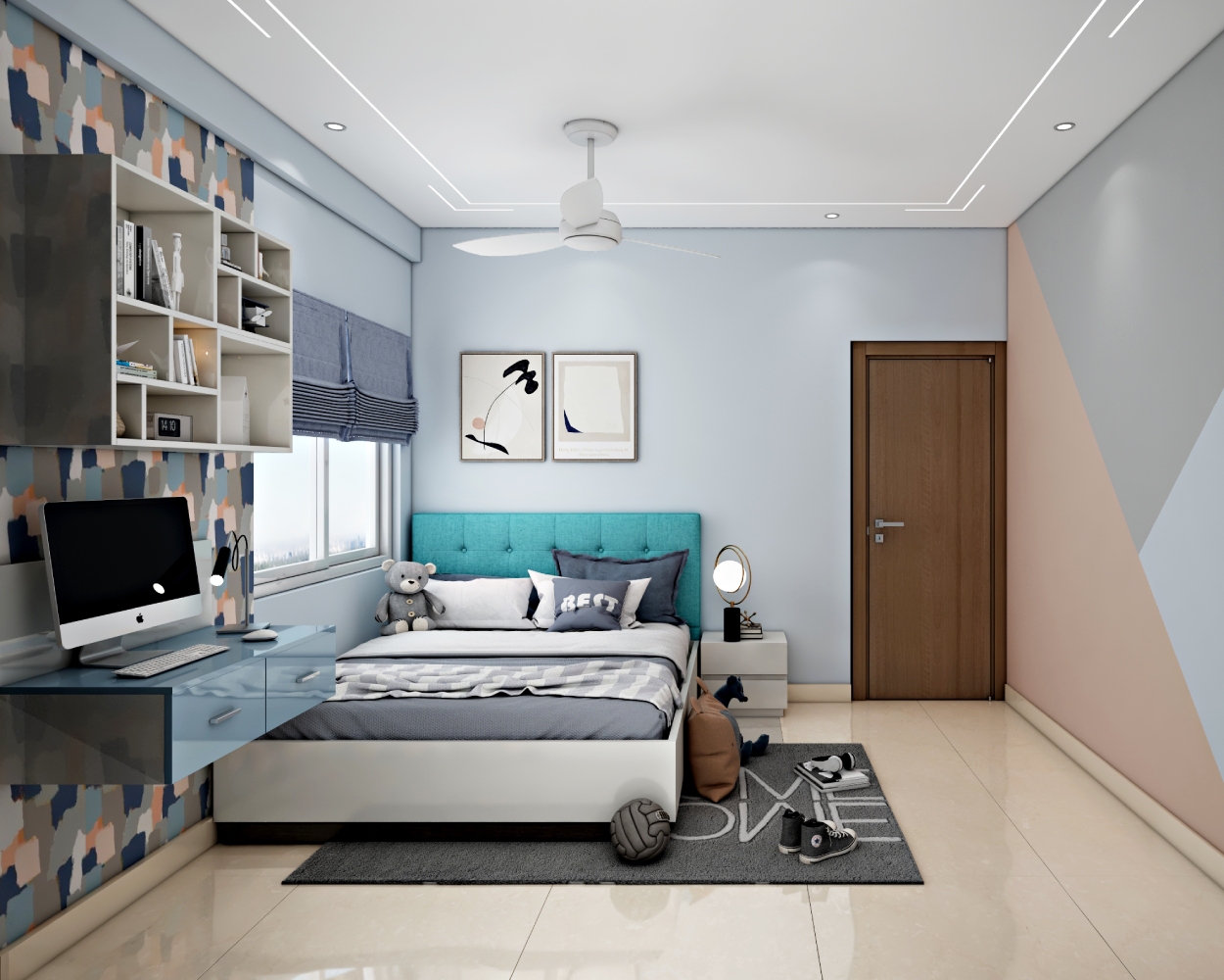 Spacious Boys Room Design With Multicoloured Wallpaper And Tri-Toned ...