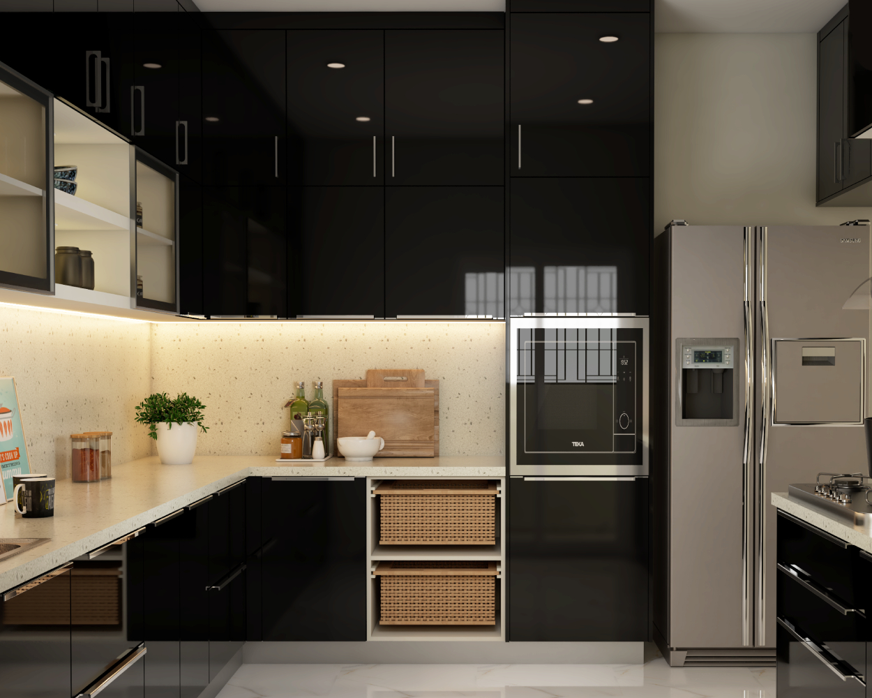 Black Modern Modular Kitchen Design With Terrazzo Backsplash | Livspace